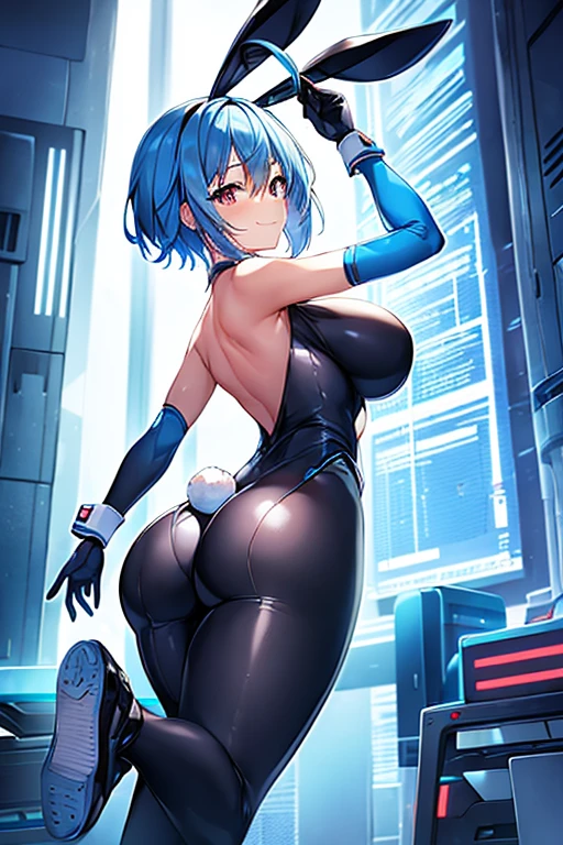 1girl, blue hair, large breasts, bunny ears, rabbit ears, wide hips, bodysuit, black bodysuit, short hair, very short hair, science-fiction, tech, futuristic, machinery, full body, neon trim, happy, light smile, from behind, ass, shoes