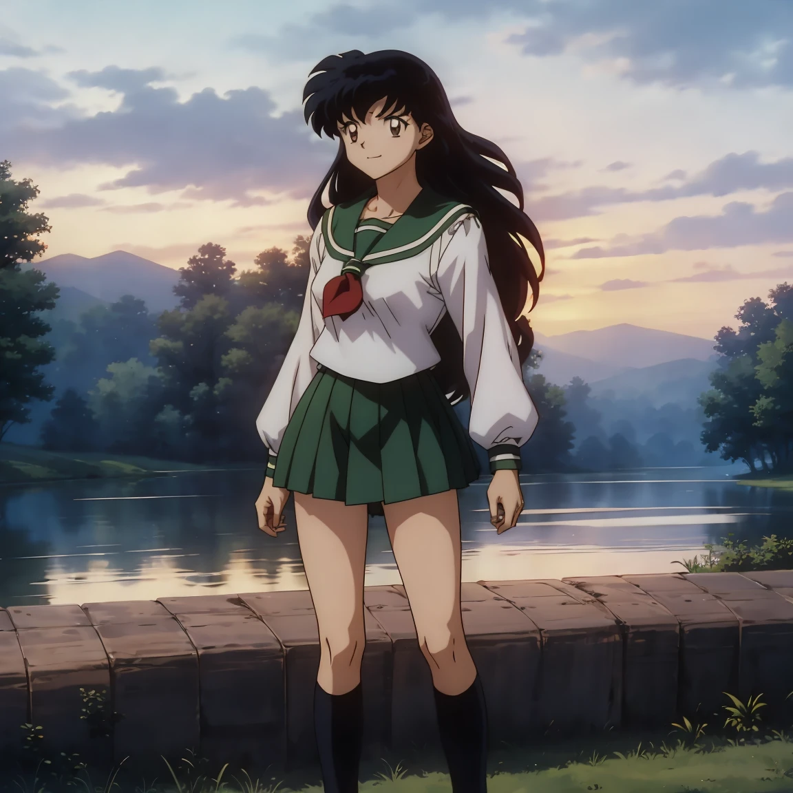 Best Quality, 巨作, ((anime)) ((Colored)) HD, Kagome Higurashi, 1girl, school uniforms, Standing, Green skirt, long  hair, Black hair between the eyes, Best Quality, 巨作, HD, Kagome Higurashi, 1girl, school uniforms, Standing, Full body, young girl, Full body , ((anime)), ((Colored)), chest, smile, Thighs are soft, smile