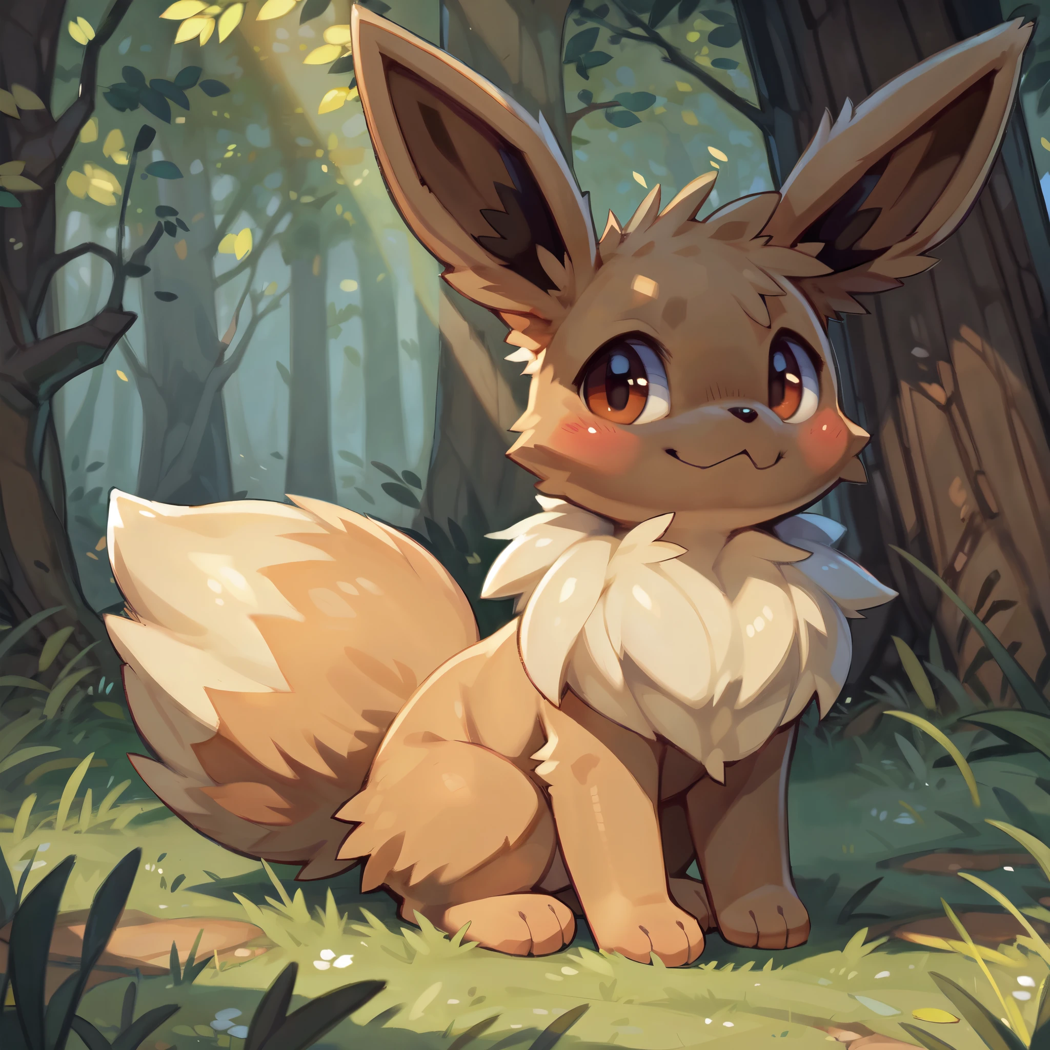 best quality, hi res, masterpiece, absurd res, highly detailed, 4k, anatomically correct

(quadruped, feral:1.25), canid, canine

detailed background, forest, day, sunlight, lawn

(eevee:1.25), tan body, white neck tuft, fluffy dipstick tail

solo,