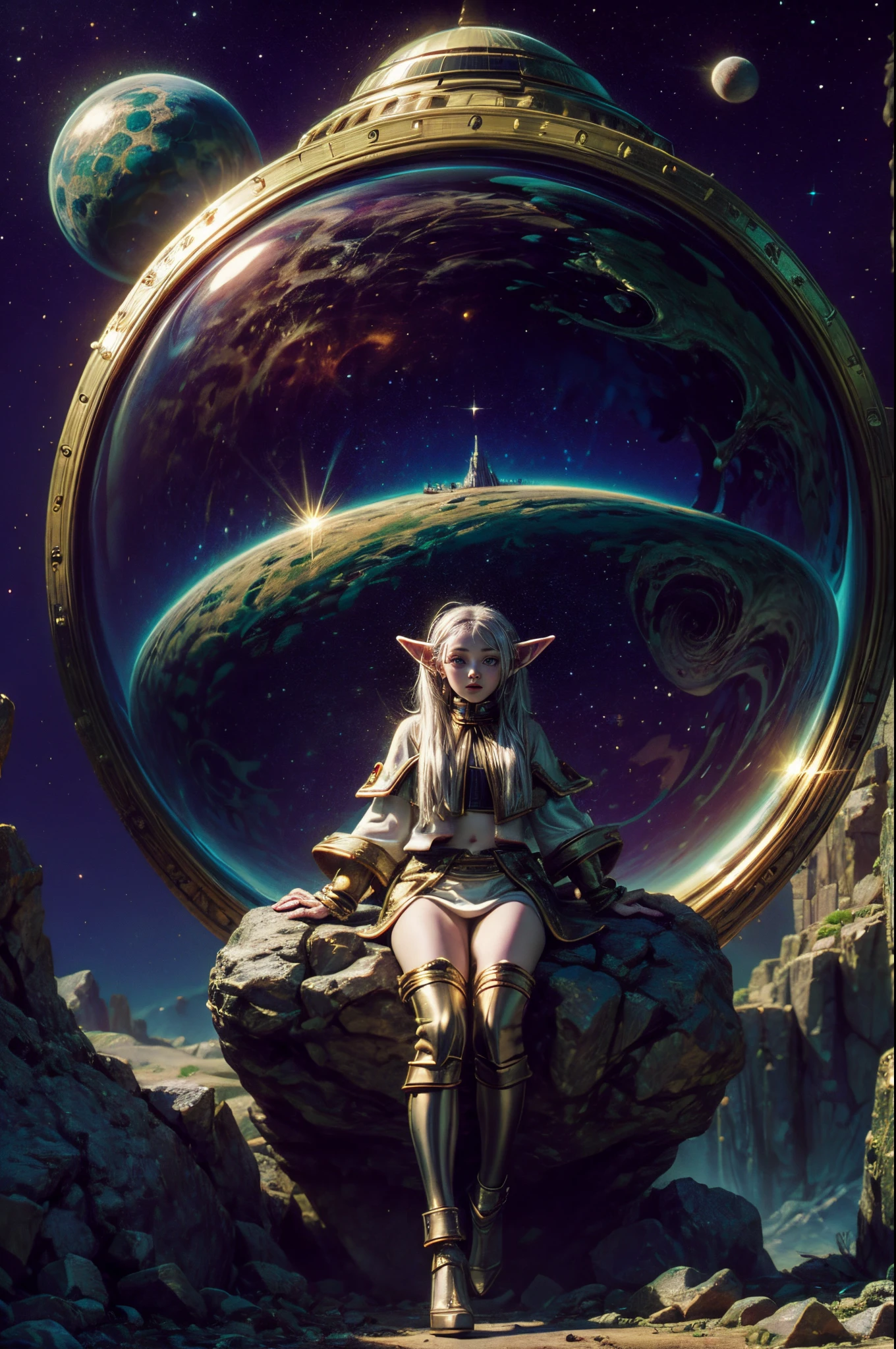Frieren Elf in Fantasyland, shell of wonder, planetary dreamscape, (cosmic enchantment), surreal artistry, vibrant and alien palette",frieren