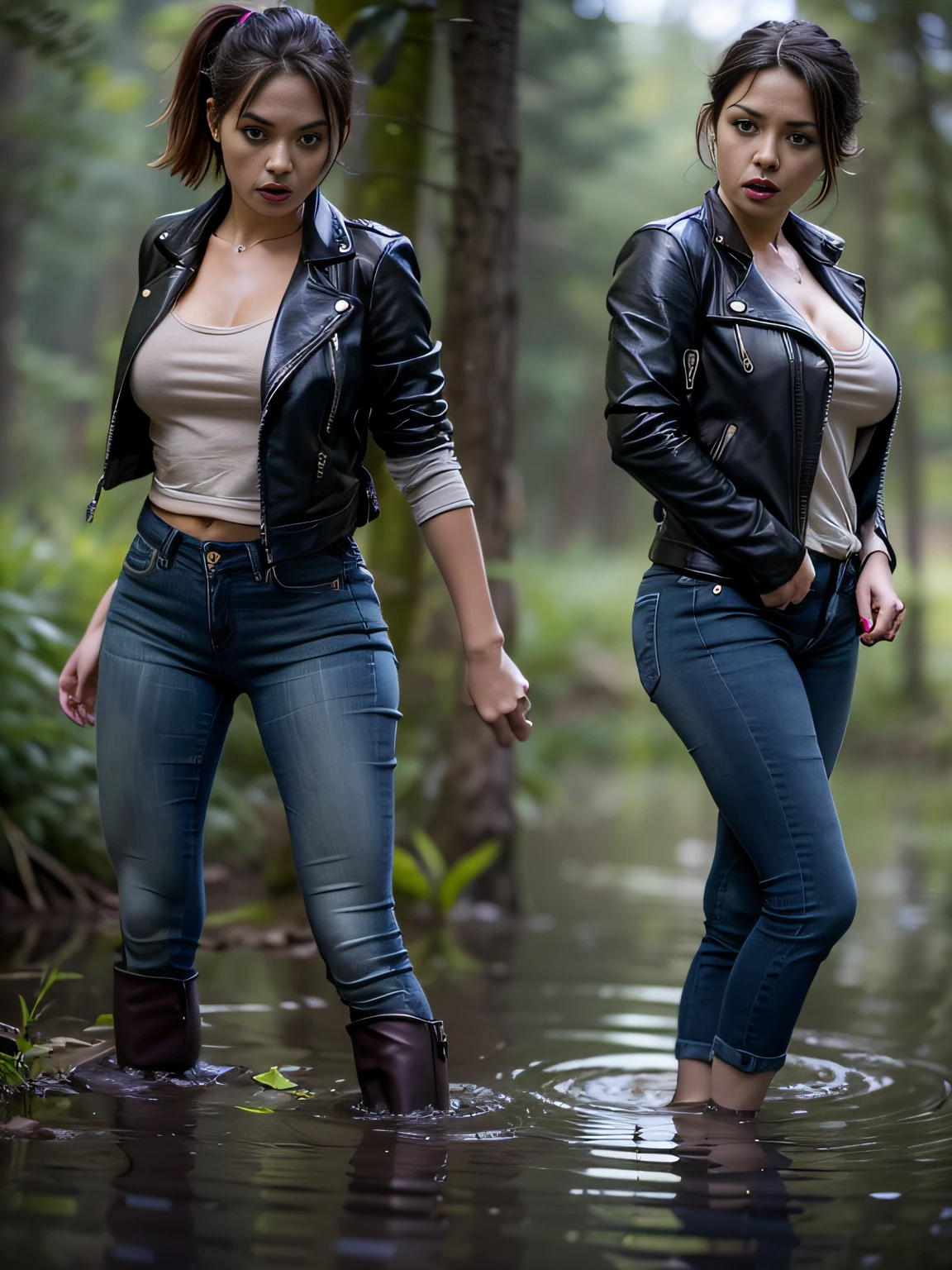 caught by surprise in the forest, Indulging your sexual fetish, drowned in a swamp, standingn. She is perplexed and looks around in fright. provocative pose,
TAGS: blurred background, (wearing jeans), leather jacket, in blouse wearing, (Short hair gathered in a ponytail),