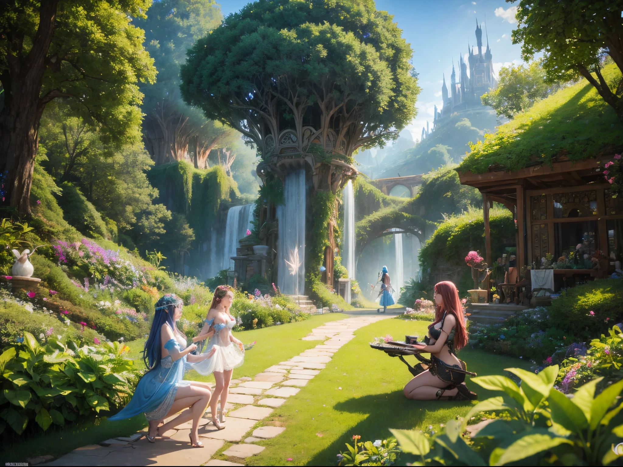 Illustrate a whimsical Eden where AI-powered creatures and enchanted organic beings engage in harmonious activities, blurring the lines between magic and technology. enormous tits