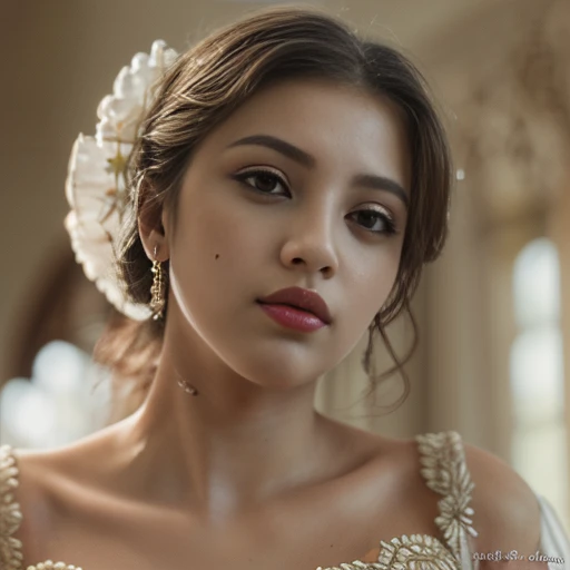 Wavy brown hair, (RAW photo, realism: 1.8), (very dark lip gloss, jet black lipstick, many eyelashes, dark black eye shadow, shy, blushing, high quality, high resolution, depth of field, chromatic aberration, caustic, wide light, natural colors, 30 year old woman), necklaces, chokers, earrings, bracelets, wear many accessories, wearing traditional Pakistani clothes, white color dress, and white hijab, woman very big boob's, soft skin, white skin, slim nose, beautiful eyes, The Casual Hip Stance poses, 8k results, high resolution, realistic,