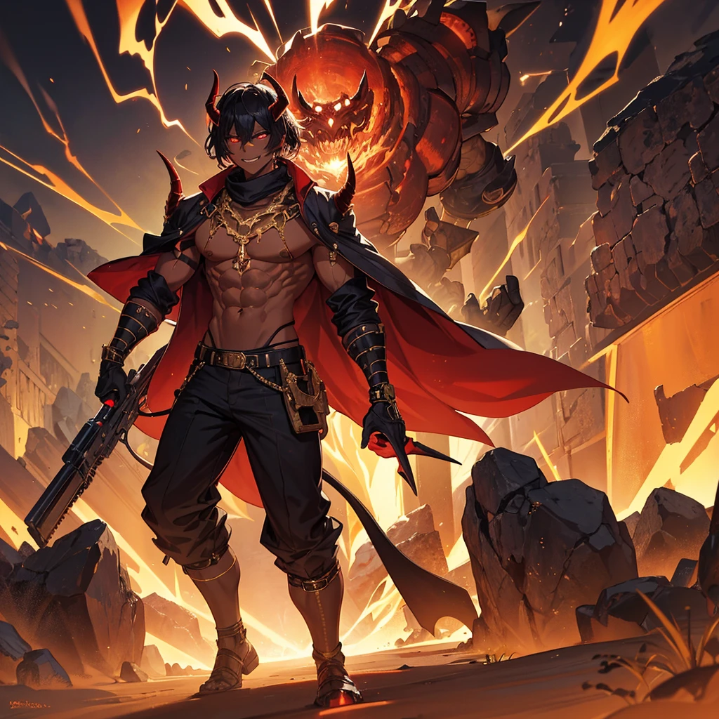 One Demon male Muscler, Western Clothes, black skin, four arms, Full body, Magma skin, horns, Sliding, Desert background, Sand Desert, Holding four Guns, Golden machine guns, Shooting, bullets, Glowing necklace, Red glowing eyes, Grinning,