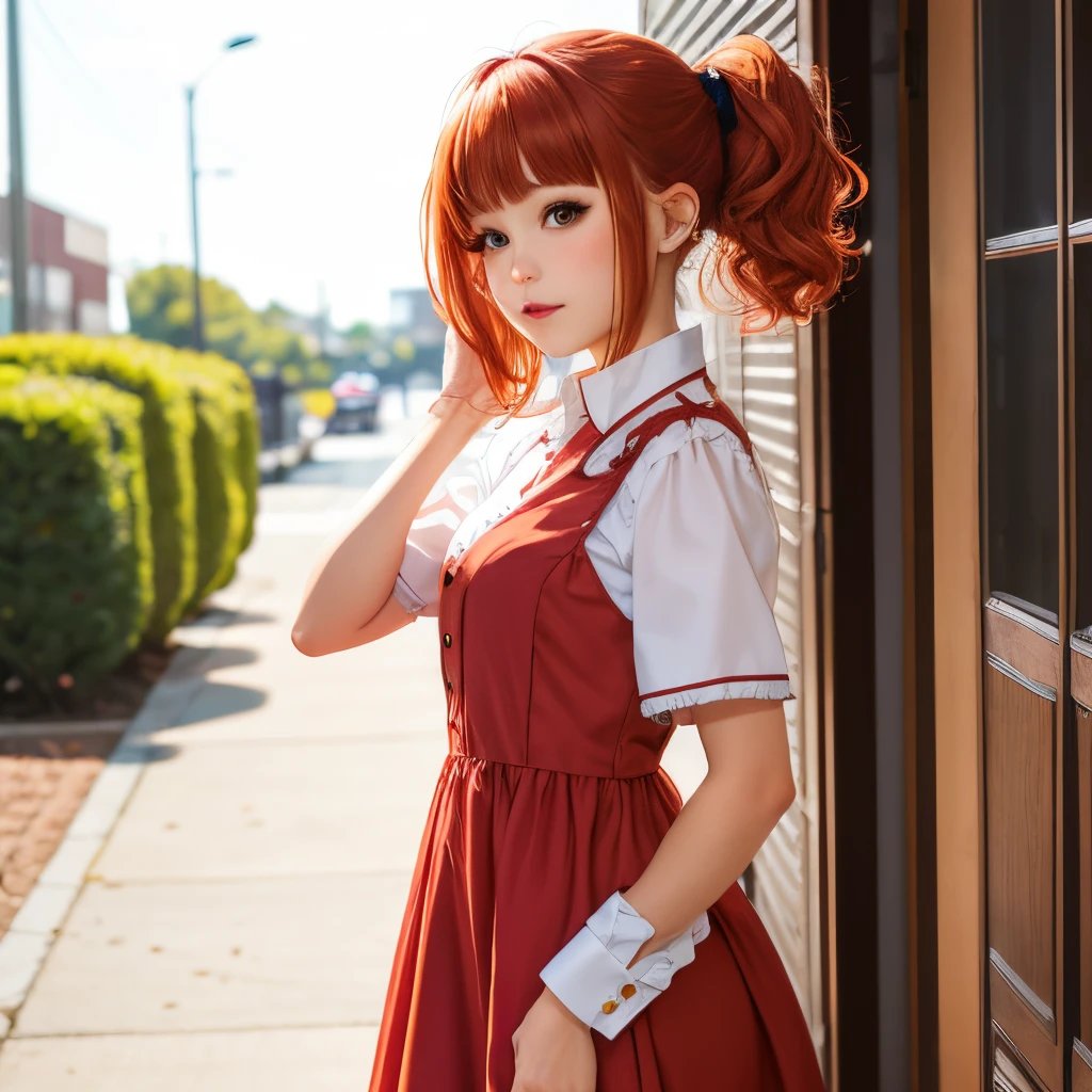 anime girl with red fluffy hair in a low ponytail, blunt bangs, and lop bunny ears, and semi-formal dress shirt attire