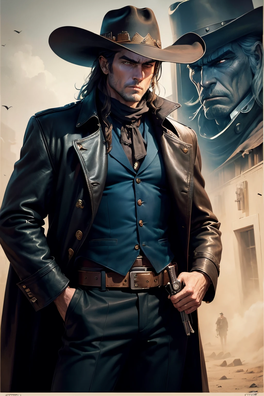 (((Masterpiece))), poster in dark colors in the style of 60s westerns, tough robot cowboy, Mechanical Face, Mechanical body, leather trenchcoat, blue eyes, A cowboy hat on his head, look from under the eyebrows, holding a revolver in his hand near his face