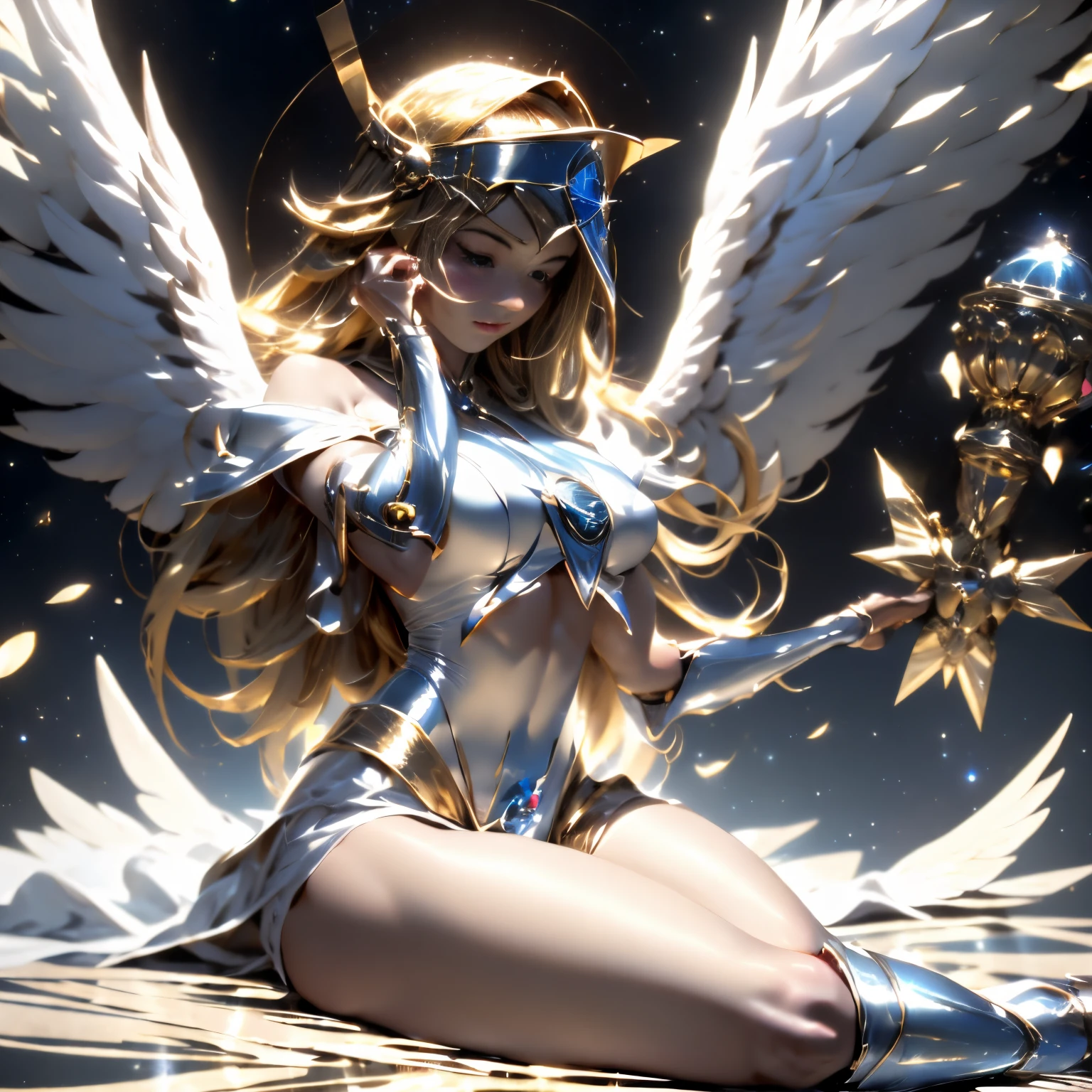 Dark magician girl as an 8-winged angel with a dazzling halo above the angel&#39;cabeza, y el fondo de la imagen es el cielo. dark wizard angel. arte celestiales. ultra detallado. photographic quality. Pase sujestiva y sensual