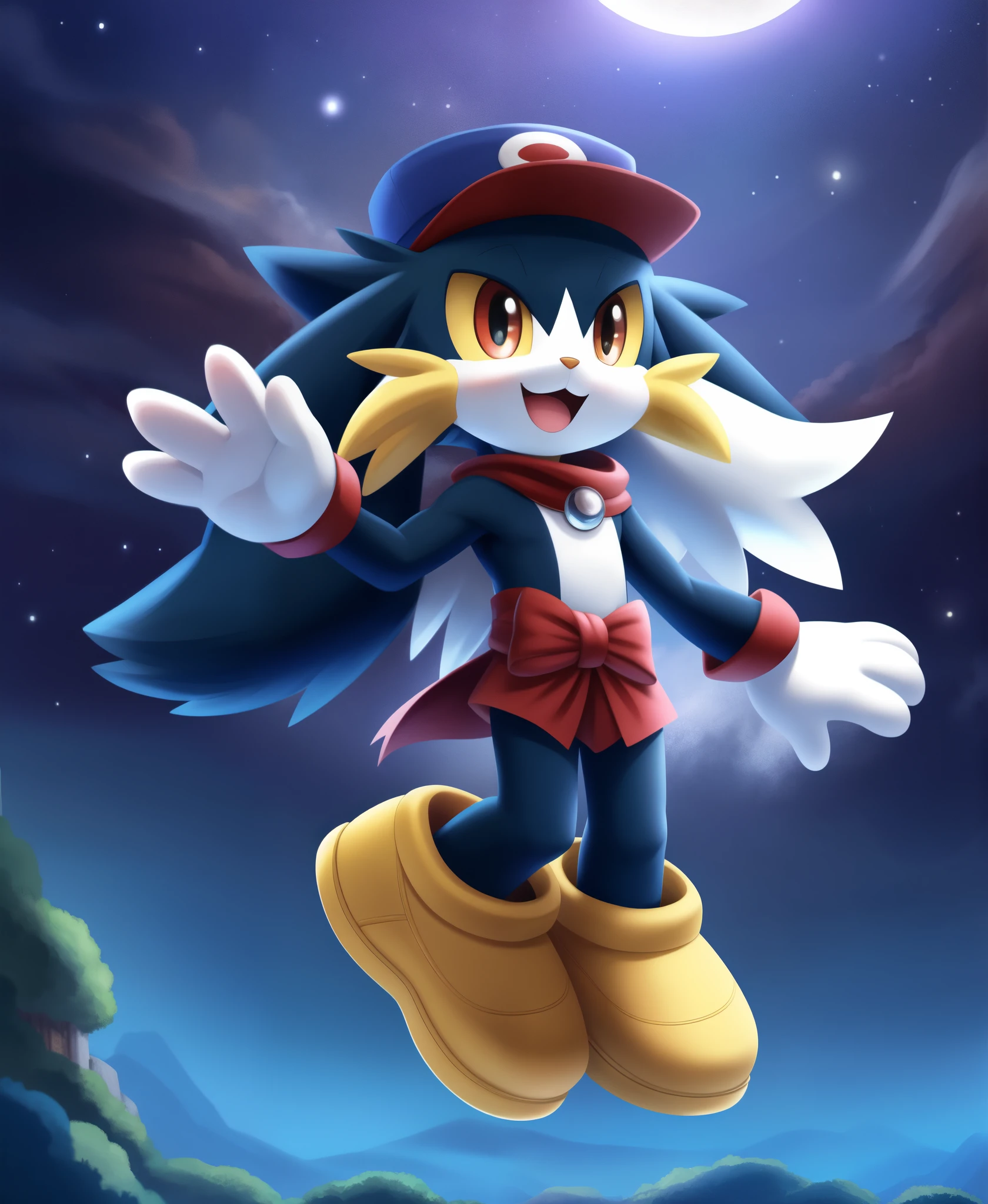 (masterpiece, best quality), this image depicts (klonoa:1.25) the anthro hybrid cat/rabbit waving to you. the mood of the piece is joyful. the atmosphere of the image is vivid. the style of the image is extremely detailed and well-made. solo, anthro, klonoa \(series\), clothing, hat, two tone fur, black fur, white fur, cheek tuft, cheek fluff, lop ears