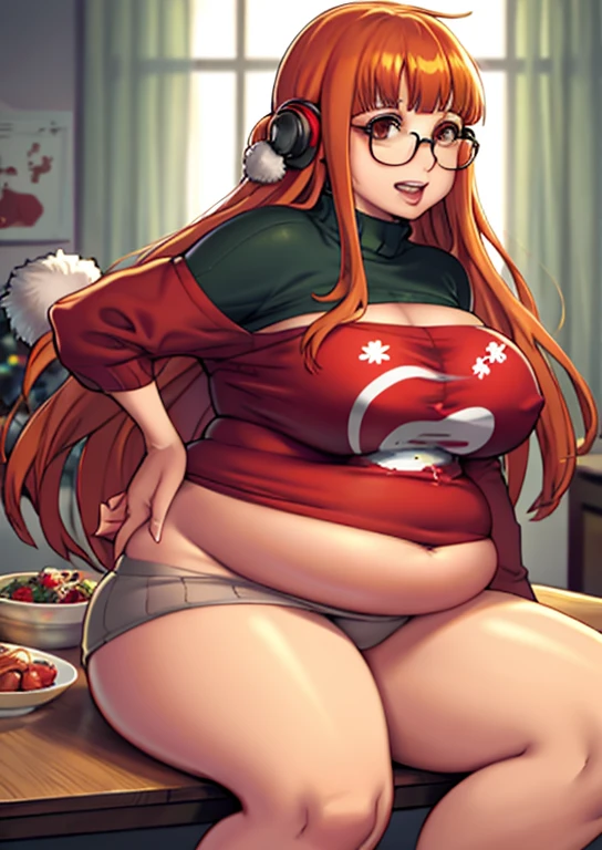 fat, futaba Sakura, persona, chubby, Christmas, sitting ,wearing a sweater, table with food, fat