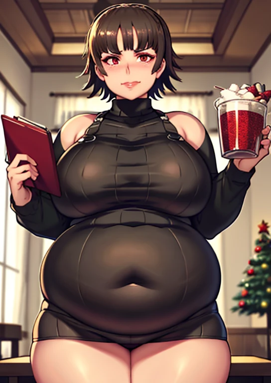 fat, makoto nijima, waering a sweater, Christmas, table with food, chubby, fat, obese