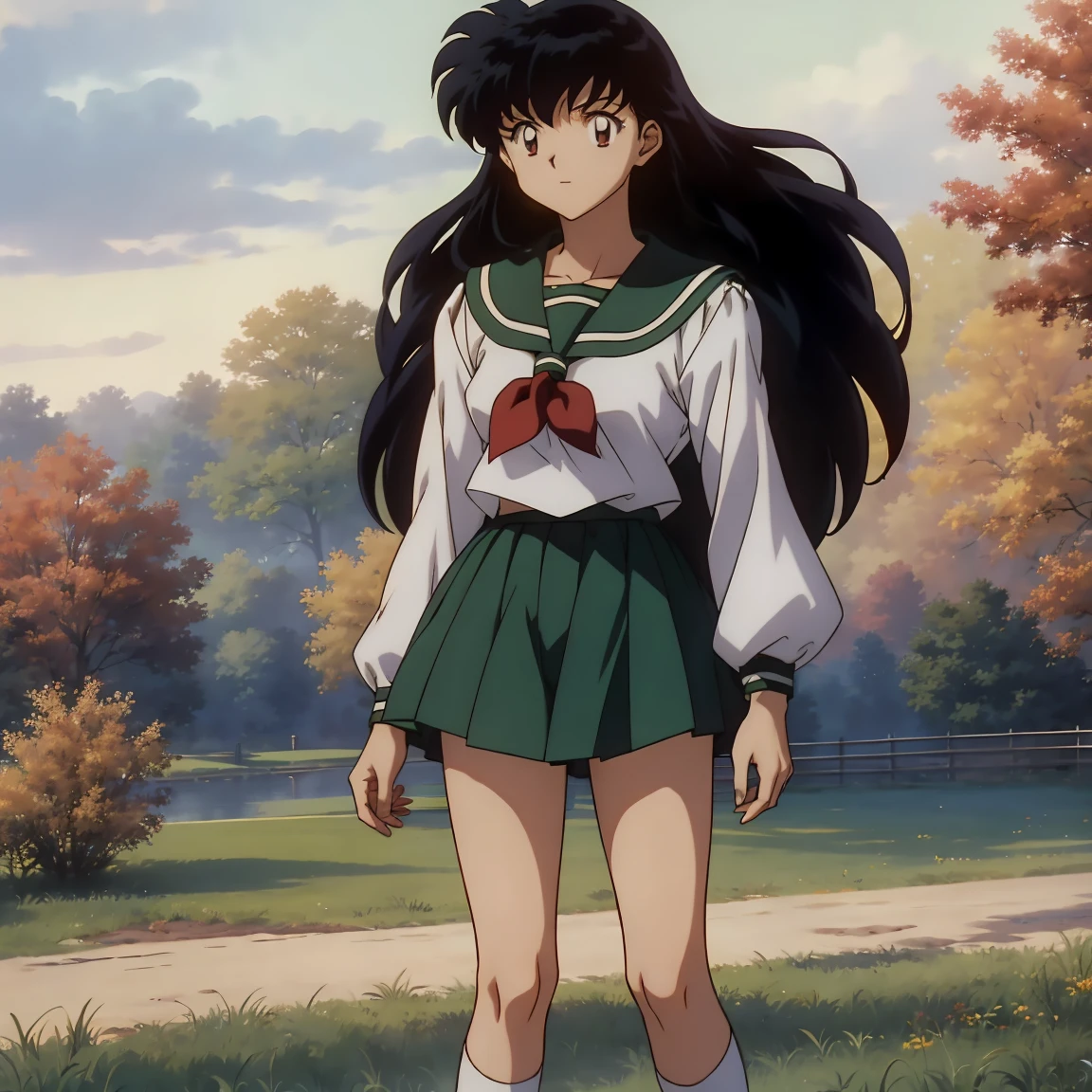 Best Quality, tmasterpiece, ((the anime)) ((colored)) HD, Kagome Higurashi, 1girl, high school uniform, Standing, green skirt, hairlong, Black hair between eyes, Best Quality, tmasterpiece, HD, Kagome Higurashi, 1girl, high school uniform, Standing, full - body, young girl, full - body , ((the anime)), ((colored)), 가슴, Smile, Thighs are soft., Smile