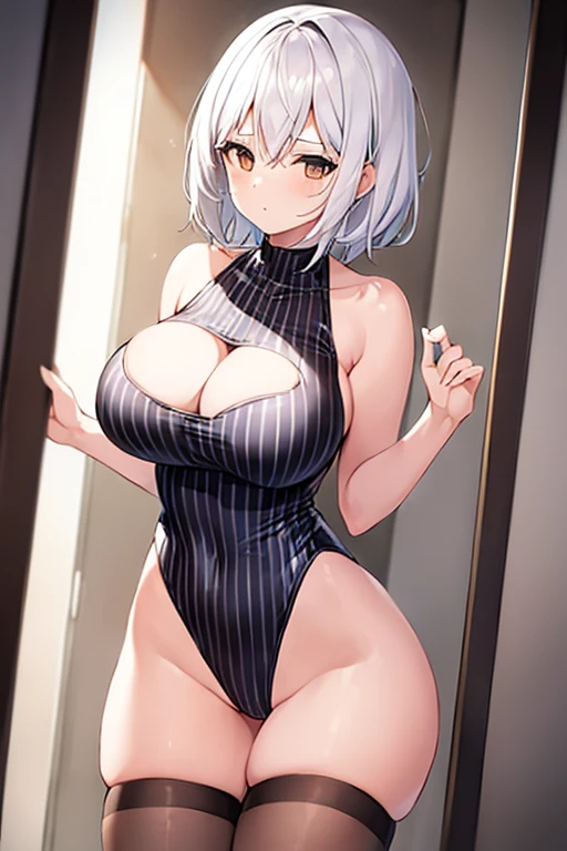 1girl, white hair, large breasts, wide hips, short hair, very short hair, leotard, prison clothes, black stripes, horizontal stripes, striped leotard, white leotard, striped