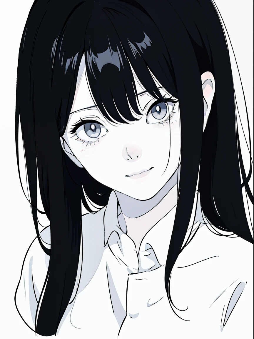 (Anime girl with long black hair and white shirt),((black and white portrait)),Black and white picture,Smile,Minimalist painting,Simple touches,messy hair,Shy,Pure white shirt,heavy makeup,full head shot,Apply lipstick to your mouth,Side body,empty background