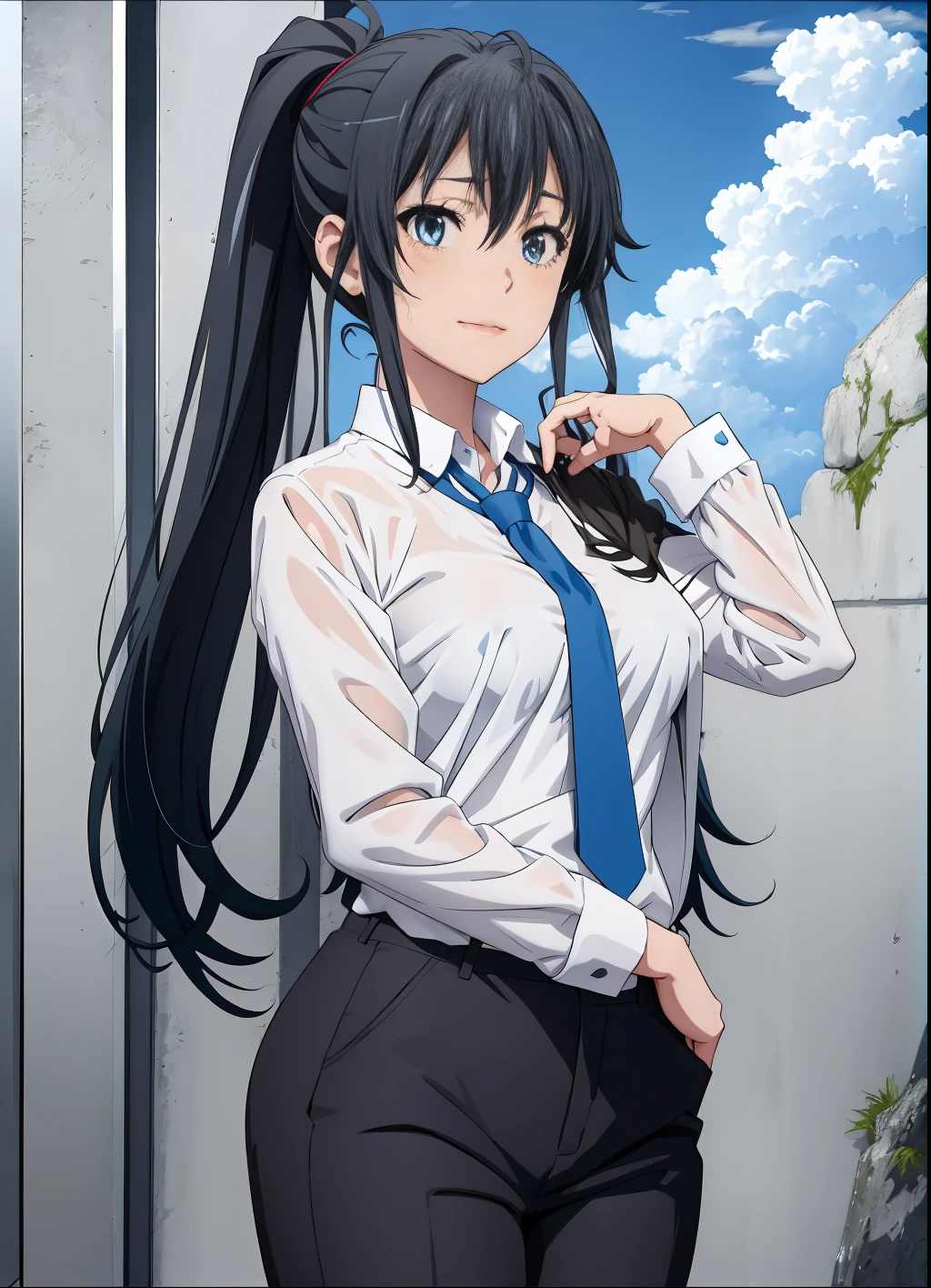 1girl,solo,yukinoshita yukino,breasts, epic art, breasts, epic art, 1girl, solo, looking_at_viewer, lying, tuxedo , indoors, pants , shorts, jacket, tailcoat formal , breasts, blue necktie _lips, "long shot scenic professional photograph of {prompt}, perfect viewpoint, highly detailed, wide-angle lens, hyper realistic, with dramatic sky, polarizing filter, natural lighting, vivid colors, everything in sharp focus, HDR, UHD, 64K", anime coloring, anime screencap, sweating, steaming body, fog, Yukinoshita Yukino, 1girl, Tuxedo, pants, collared_shirt, blue necktie, blue eyes anime, Colored, 8k, full body, Ponytail hair, detailed blue eyes, room background, wallpaper, breast, smile