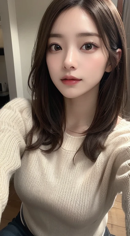 Photorealistic, masutepiece, Best Quality, Raw photo, selfee、1girl in, Solo, Long hair, Brown hair, Detailed face, alluring face, Sweater that kills virgins, medium breasts, Dynamic Pose, Looking at Viewer, From below, Detailed background, fine detailed, intricate detailes,  Ray tracing, depth of fields, lowkey, nffsw