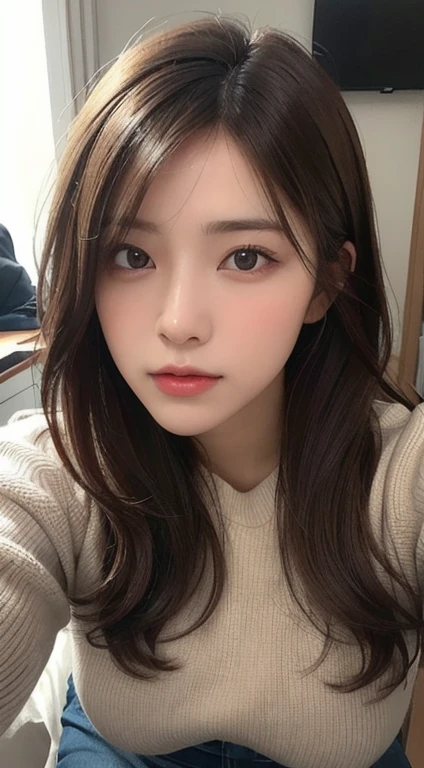 Photorealistic, masutepiece, Best Quality, Raw photo, selfee、1girl in, Solo, Long hair, Brown hair, Detailed face, alluring face, Sweater that kills virgins, medium breasts, Dynamic Pose, Looking at Viewer, From below, Detailed background, fine detailed, intricate detailes, Ray tracing, depth of fields, lowkey, nffsw