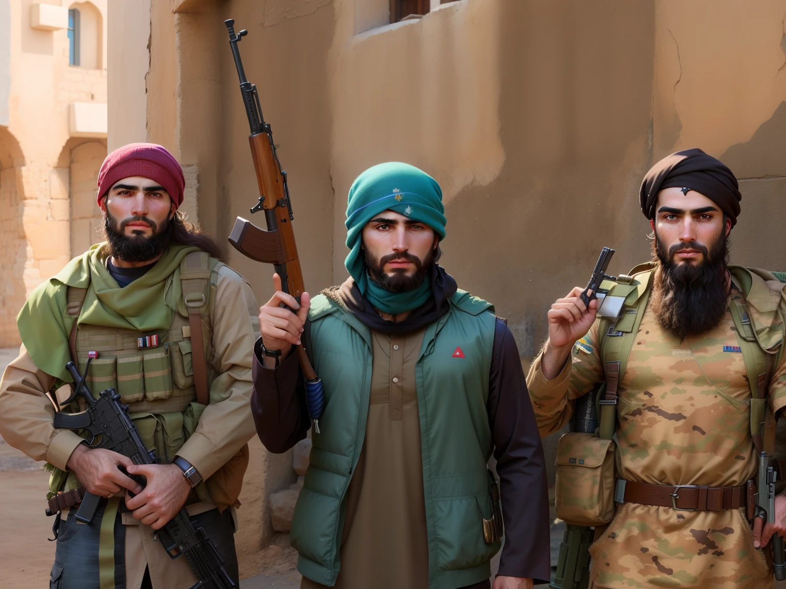 three Chechen men with black beards hold weapons and point at the camera, Caucasians, dress like the Taliban, Taliban, Shabab Alizadeh, A very clear picture, Ash Thorpe Heezil Salim, Rojava, Abdullah Gergouri, edited, badass, Sayem Reza, maxim sukharev, azamat khairov, Djamel Shabbaz, trends ，