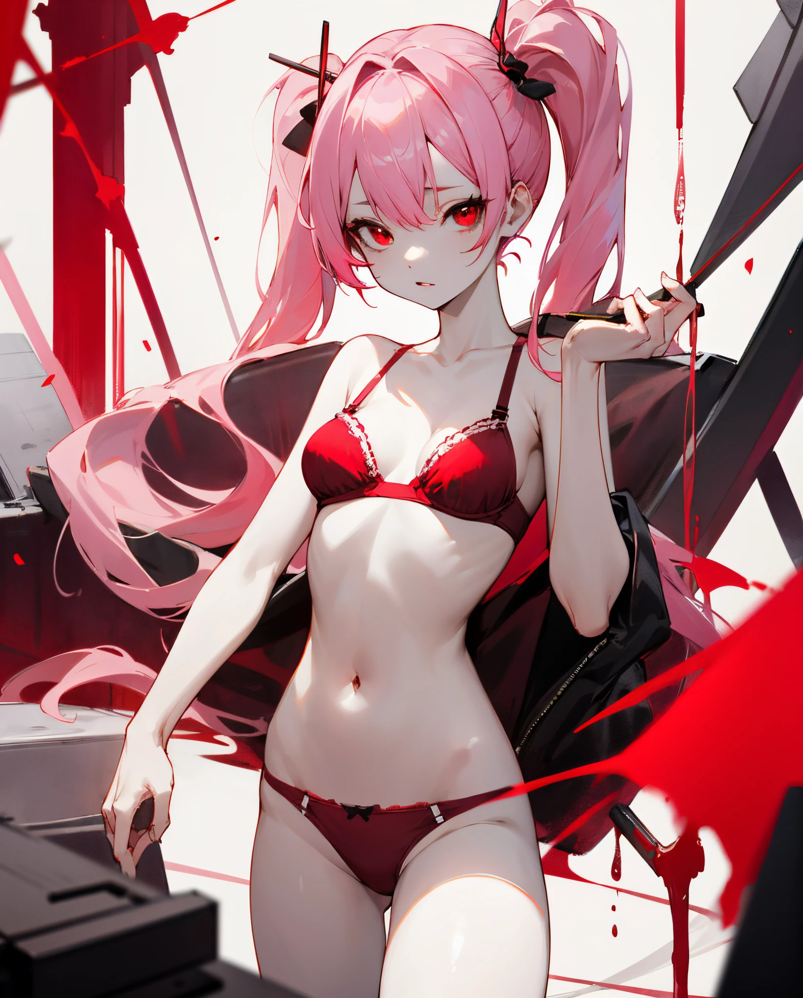 Pink hair, long pigtails,red eyes,pale skin,red eyes,half naked, red bra