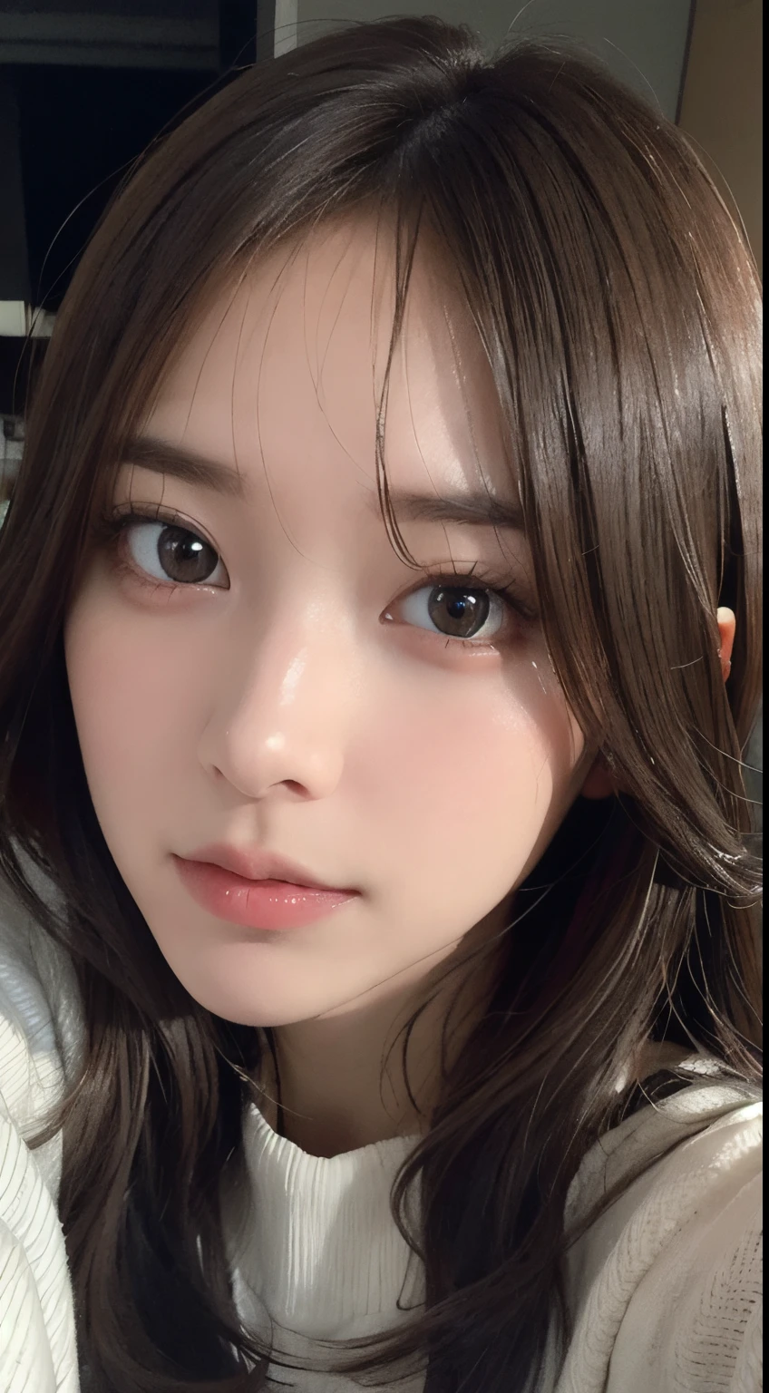 Photorealistic, masutepiece, Best Quality, Raw photo, selfee、1girl in, Solo, Long hair, Brown hair, Detailed face, alluring face, Sweater that kills virgins, medium breasts, Dynamic Pose, Looking at Viewer, From below, Detailed background, fine detailed, intricate detailes, Ray tracing, depth of fields, lowkey, nffsw