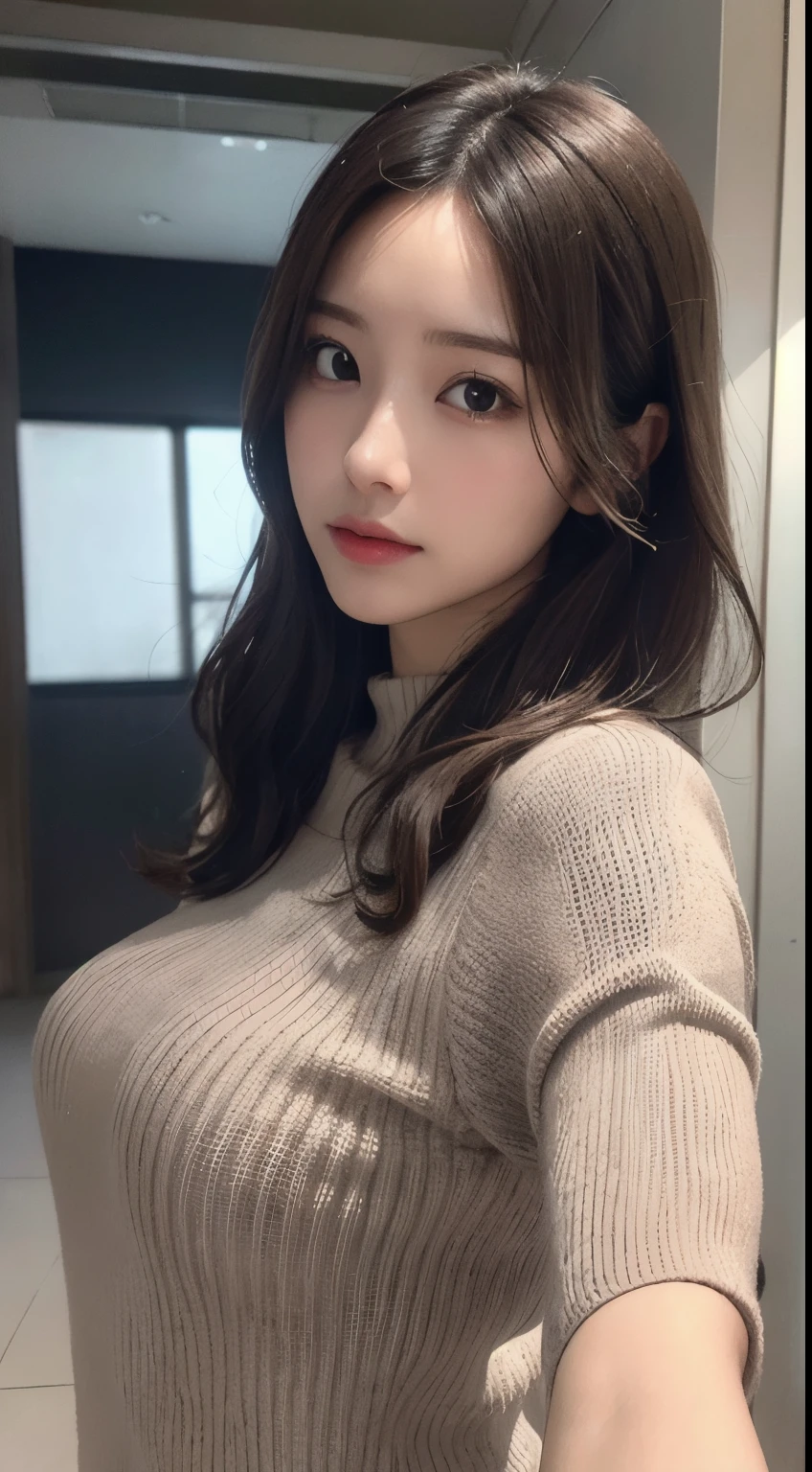 Photorealistic, masutepiece, Best Quality, Raw photo, selfee、1girl in, Solo, Long hair, Brown hair, Detailed face, alluring face, Sweater that kills virgins, medium breasts, Dynamic Pose, Looking at Viewer, From below, Detailed background, fine detailed, intricate detailes,  Ray tracing, depth of fields, lowkey, nffsw