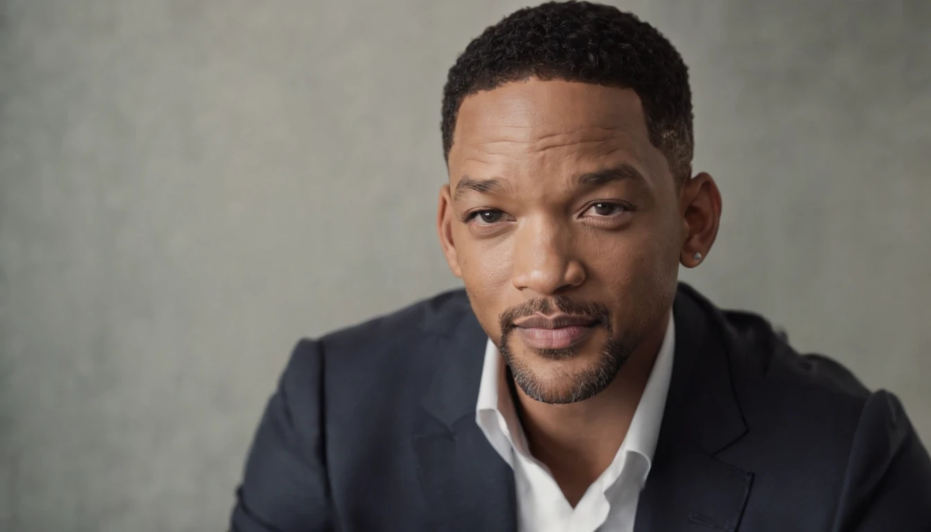 "Produza uma imagem de montagem com tema motivacional, destacando o ator Will Smith. Combine multiple images of Will Smith into inspiring moments, como entrevistas, motivational movie scenes and positive interactions. Adicione elementos visuais que transmitam energia, determination and overcoming. O foco deve estar em Will Smith'facial expression and motivating attitude, surrounded by visual elements that suggest personal growth and overcoming challenges. Colors should be vibrant and convey a sense of optimism."