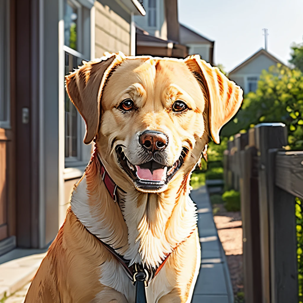 Portrait of yellow labrador smiling, residential background