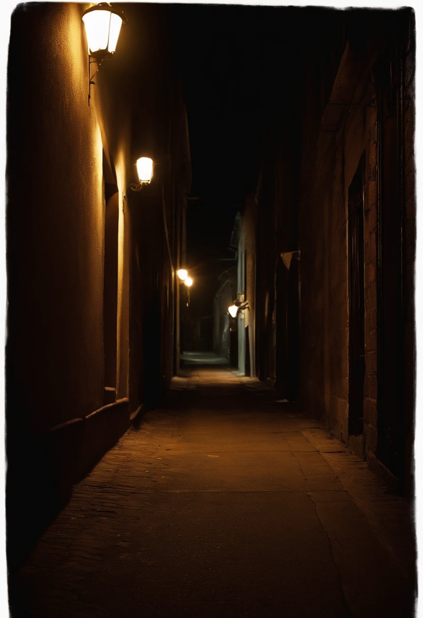 A photo of a dark alley with a flickering streetlight casting eerie shadows,Halloween movie series,michael meyers, male