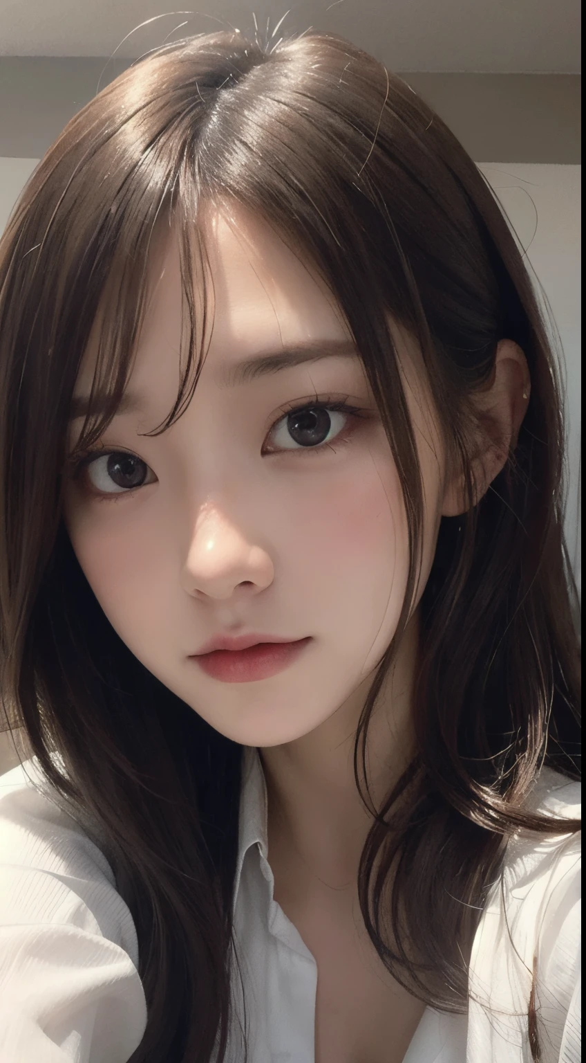 Photorealistic, masutepiece, Best Quality, Raw photo, selfee、1girl in, Solo, Long hair, Brown hair, Detailed face, alluring face, White button-up shirt, medium breasts, Dynamic Pose, Looking at Viewer, From below, Detailed background, fine detailed, intricate detailes, Ray tracing, depth of fields, lowkey, nffsw