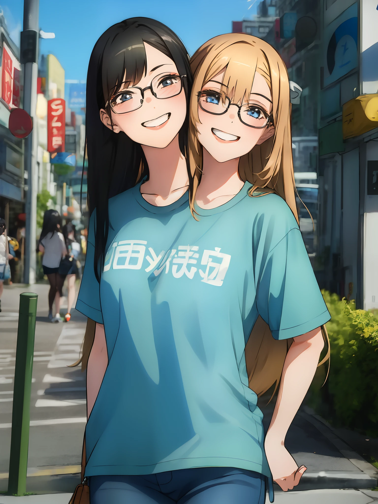 (2heads:1.7), 1girl, (Asuna), (marin), (1girl has black hair:1.3), (1girl has blonde hair:1.3) blue eyes, very long hair, t-shirt, jeans, walking, sidewalk, city, beautiful background, (masterpiece), (best quality), (absurdres), beautiful woman, glasses, smug, big smile, looking around