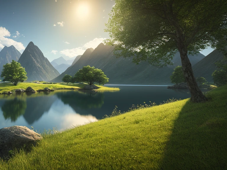 A peaceful place, very pleasant, aesthetic, calm, scenic. photorealistic, 8k uhd, studio quality, ultra realistic, max detail, massive scale, post-processing, realistic, photorealism, photoshop, photography, detailed, cinematic lighting, landscape, panoramic, landscape, raytracing, cinema4d