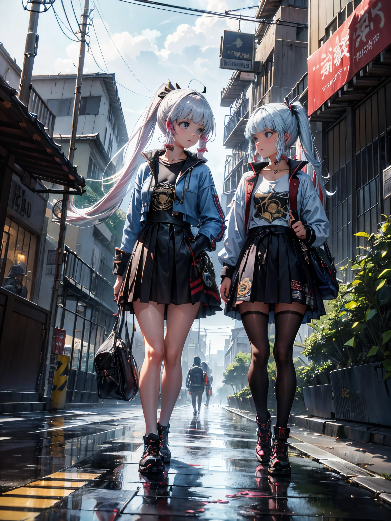2mujeres jovenes, chaqueta, lluvia, al aire libre, sudadera con capucha, Chaqueta abierta, cadena, mochila, jugando en la lluvia, cabello desordenado, tendencias en Artstation, 8K resolution, Altamente detallado, Anatomically correct, sharp picture, Pintura digital, Arte conceptual, Tendencias en Pixiv, Estilo de Makoto, raytracing, luces de ciudad, particulas