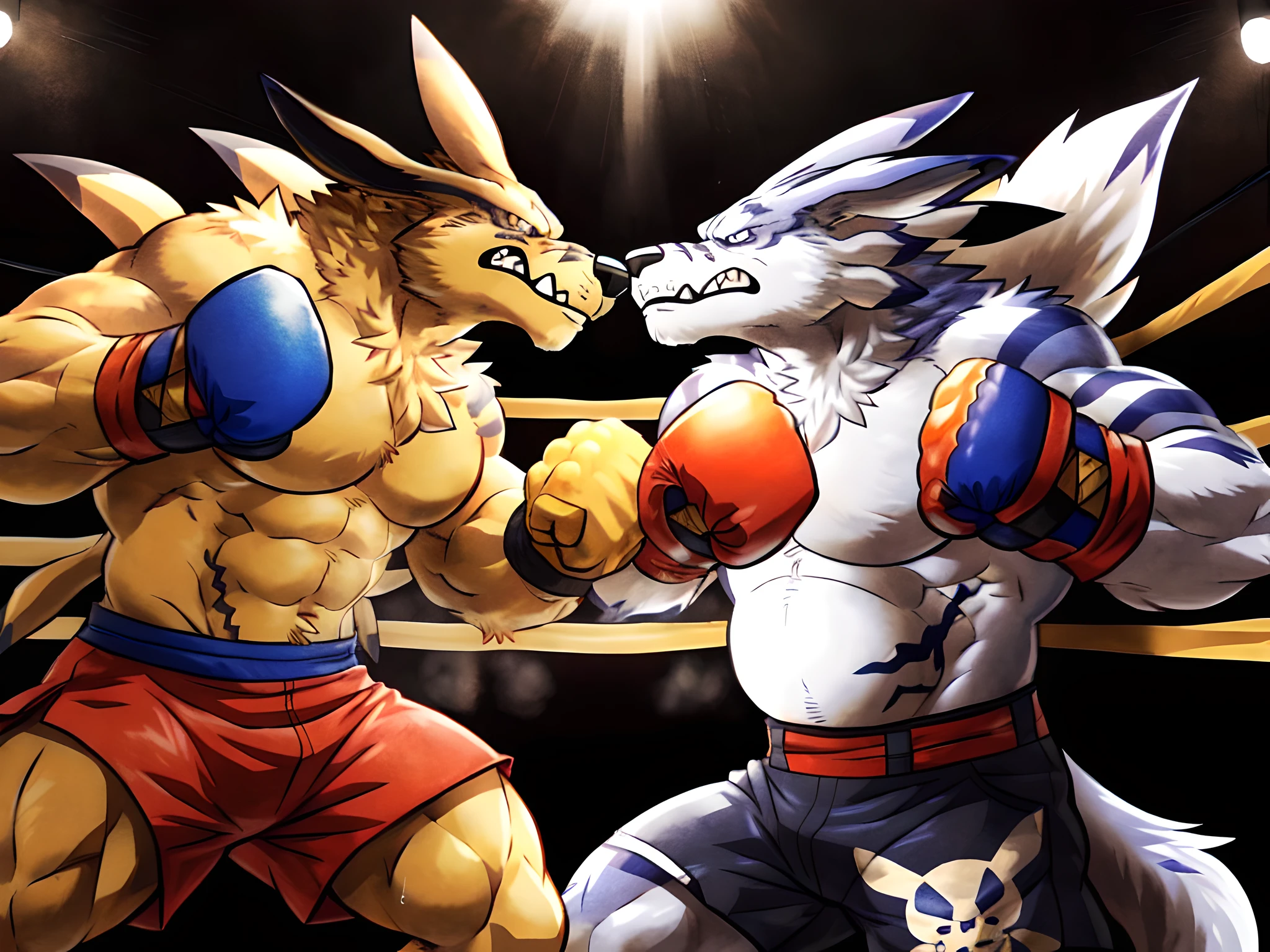 (ultra quality):1.4,color, smooth comics style, takemoto_arashi style, wfa style, two characters, kurama and weregarurumon boxing, muscles:1, massive build, vascular veins, anime martial arts, sweat, strong:1 masculine, boxing ring, fighting:1 scene, (body blow):1.4 punching, throwing blows, dynamic:1 scene, punching stomach, gut punching, (fist punching:1 stomach, fist touching stomach, fist over stomach):1.4, punching each other, wearing boxing gloves, detailed boxing gloves