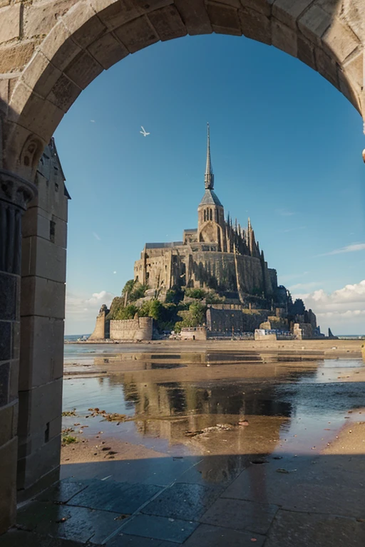"A realistic depiction of the iconic Le Mont Saint Michel in France, showcasing its breathtaking beauty and architectural magnificence. The image quality should be at its best, with ultra-detailed features, allowing viewers to experience the stunning details of each element. The artwork should capture the essence of this magnificent wonder, depicting the intricate stone facades, towering spires, and delicate masonry work. The lighting should emphasize the dramatic ambiance, with soft, warm tones illuminating the structure against the scenic backdrop. This masterpiece should be created with the precision of a high-resolution photograph, ensuring every minute detail is accurately portrayed. The medium used for this artwork can be any of the following: a highly detailed illustration, a photorealistic painting, or a digitally rendered 3D image. The color palette should consist of vibrant and realistic hues, enhancing the overall visual appeal. The prompt should exude a sense of awe and wonder, capturing the essence of Le Mont Saint Michel as the seventh wonder of the world."