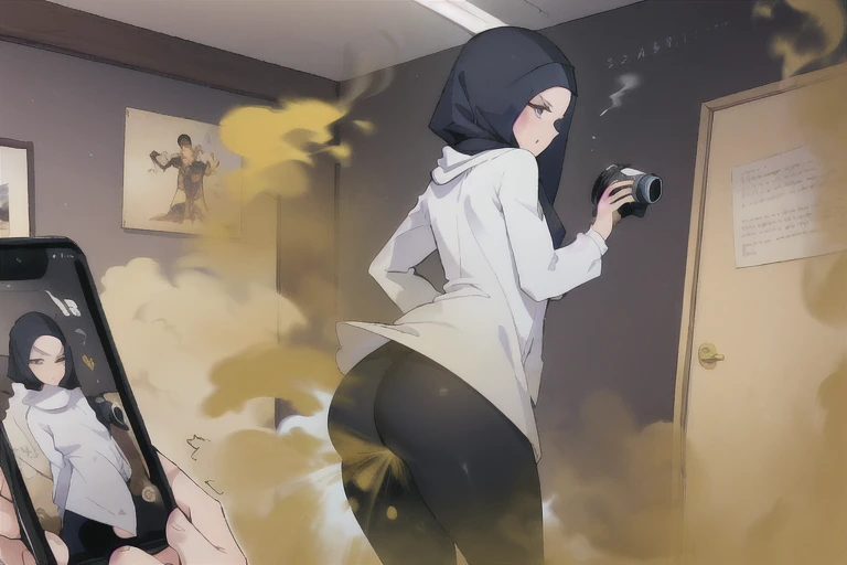((hijab girl))),wear hijab, women stand,her butt facing screen,ellow smoke,Attacked by farts, Attack with farts,)),(attacks the male patient with farts)),((wearing shirt with legging and hijab)),velocity,, (((Yellow smoke is rising ))),((Hip Attack)),((fart while during photoshoit),((Facing this way))),masterpiece:1.2、top-quality)、(the Extremely Detailed CG Unity 8K Wallpapers、ultra-detailliert、Best Shadows)、(细致背景)、(The best lighting、extremely delicate and beautiful)、depth of fields,((Girl fart)),(big fart),(((((There is a male photografer and a female model.......))))),(((Female doctor attacks male patient in the face with a hip attack..))),(((high-handed female model)),(((A male photografer who endurance pain))),()),(,((fart text)),(THE TEXT:BBRRPPHHH)),((photoshoot room))