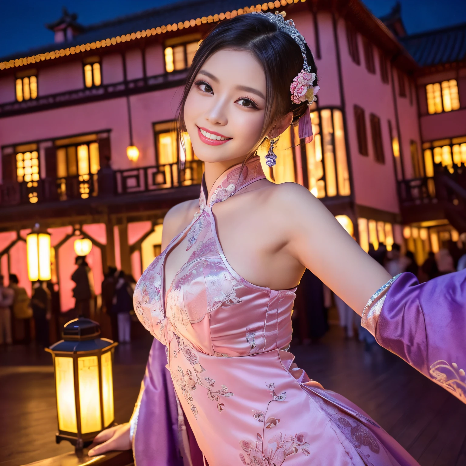 ((top-quality、masutepiece、8K、Top image quality、Highly complex and detailed depictions))、(Photographing the upper body of a courtesan from below:1.5)、Chinese garrison house at night、((The most gorgeous Chinese prostitute costume、the most luxurious and luxurious、China&#39;s most gorgeous garrison、An unimaginably luxurious garrison、A gurihouse shining in purple and pink、1 purple and pink lantern、A very ornate and huge garrison house in the background、A garrison house in the middle of the night、Very complex decoration、Very clear garrison))、(View me、Bewitching smile、Perfect makeup、long eyelashes、pink lipsticks、Pink eyeshadows、perfect anatomia)、(accurate anatomy:1.3)、(Accurate costumes:1.3)