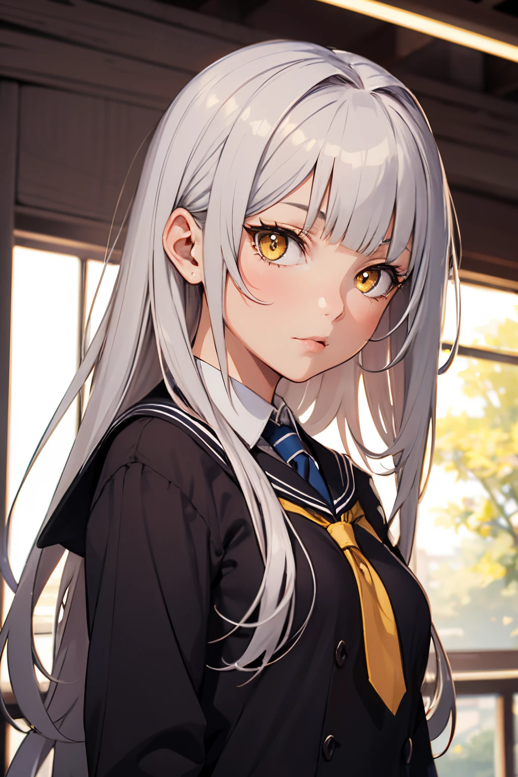 1girl, yellow eyes, style novel, dash isekai anime, long silver hair, blunt bangs, school uniform, super detailed, em Floresta
