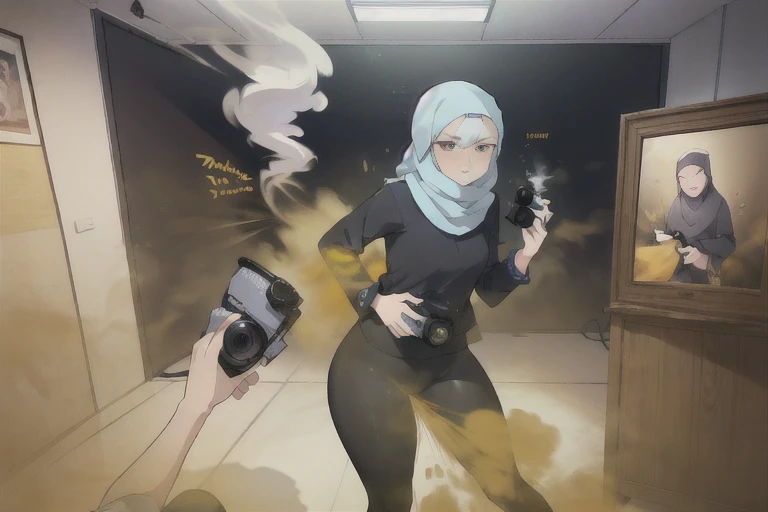 ((hijab girl))),wear hijab, women stand,her butt facing screen,ellow smoke,Attacked by farts, Attack with farts,)),(attacks the male patient with farts)),((wearing shirt with legging and hijab)),velocity,, (((Yellow smoke is rising ))),((Hip Attack)),((fart while during photoshoit),((Facing this way))),masterpiece:1.2、top-quality)、(the Extremely Detailed CG Unity 8K Wallpapers、ultra-detailliert、Best Shadows)、(细致背景)、(The best lighting、extremely delicate and beautiful)、depth of fields,((Girl fart)),(big fart),(((((There is a male photografer and a female model.......))))),(((Female model attacks male photografer in the face with a hip attack..))),(((high-handed female model)),(((A male photografer who endurance pain))),()),(,((fart text)),(THE TEXT:BBRRPPHHH)),((photoshoot room))