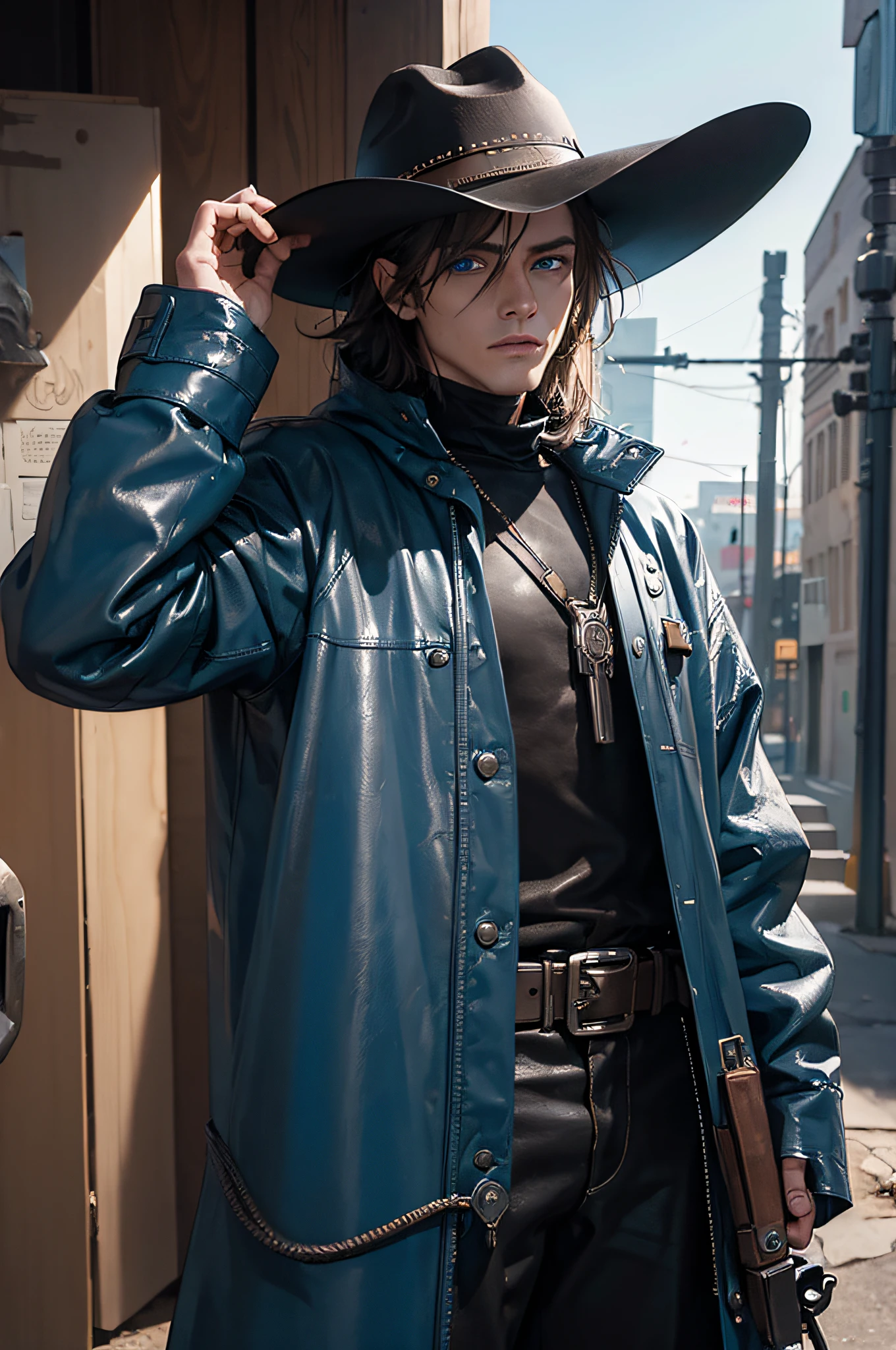 (((Masterpiece))), tough robot cowboy, Mechanical Face, Mechanical body, leather raincoat, blue eyes, cowboy hat on his head, look from under the eyebrows, holding a revolver in his hand near his face