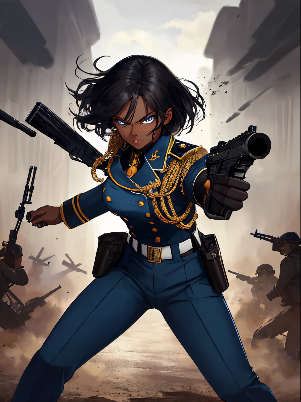 masterpiece, 1 woman, solo, dark skin, black hair, blue eyes, military uniform, pants, shooting gun, fierce looks, battlefield, dynamic pose