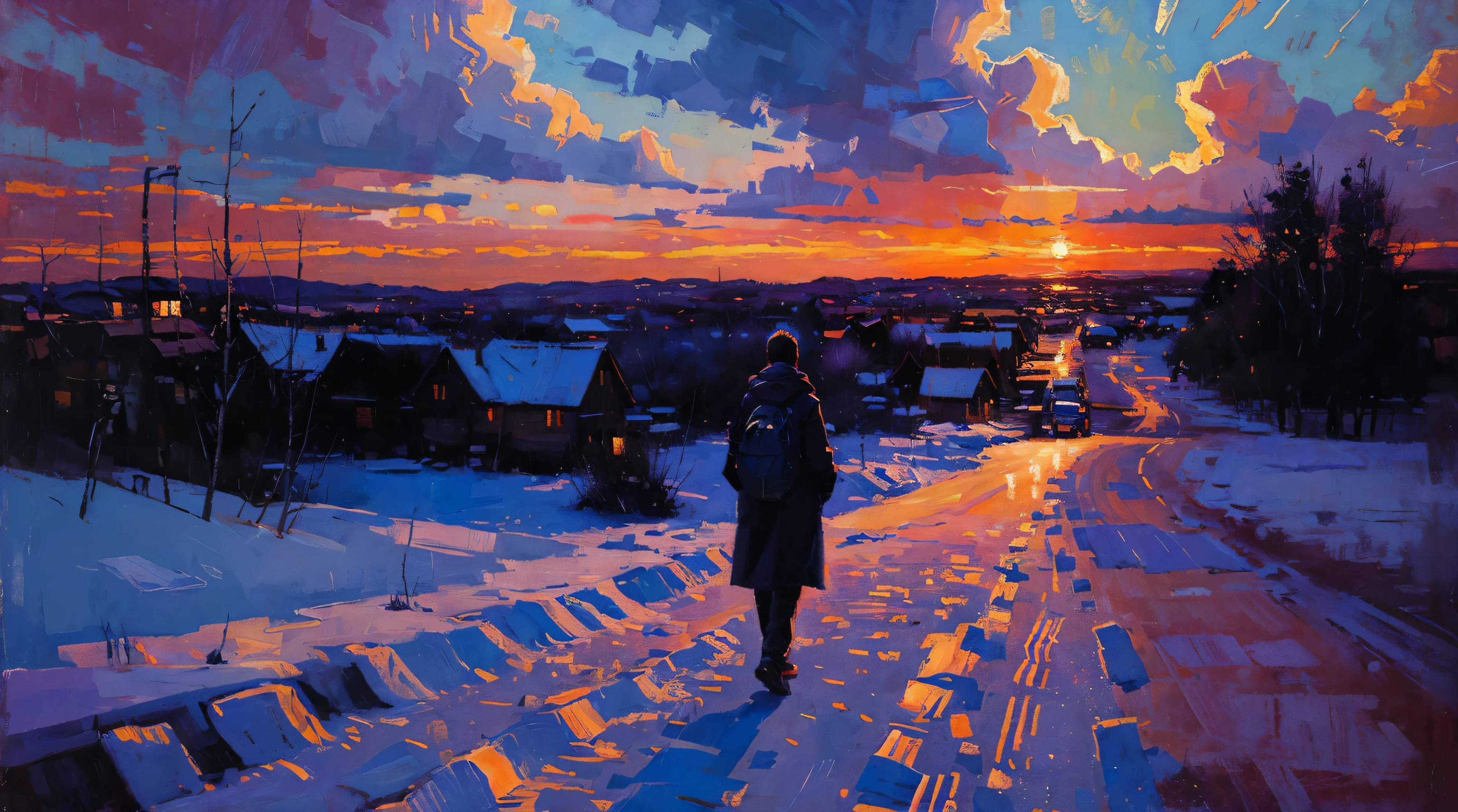 ((masterpiece)), (best quality), official art, a person wandering a road at night, only one person, snowfall, dull blue colors, dark, lonely, beautiful, somber, Oil painting style, representing loneliness, light particles, sunset, sparkle, clouds, breathtaking, great colors