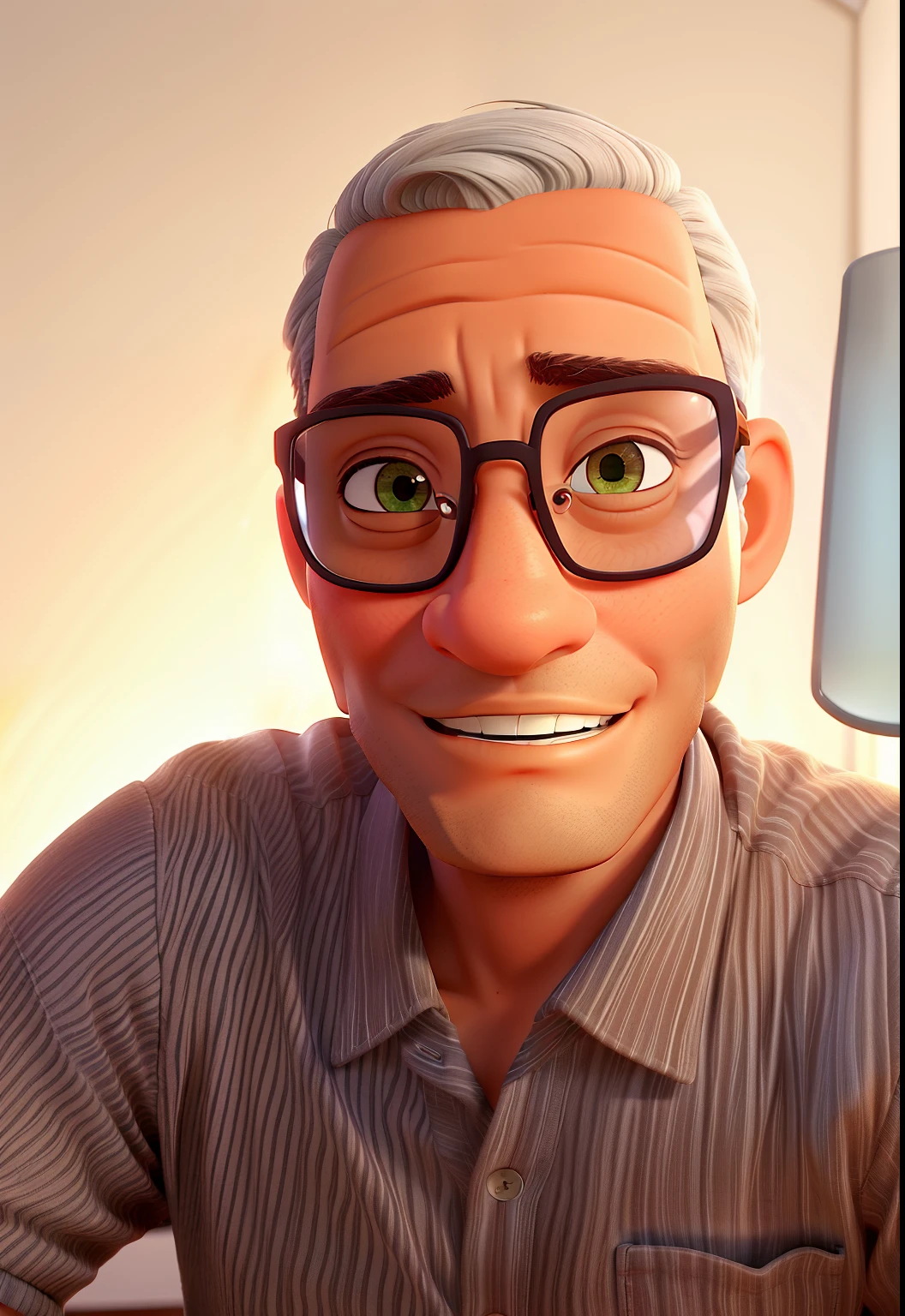 Um homem da pele morena sem cabelos na cabeca ,olhos castanhos claros ,wearing glasses sage standing in front, illuminated by the light of a lamp, contra o pano de fundo de uma biblioteca