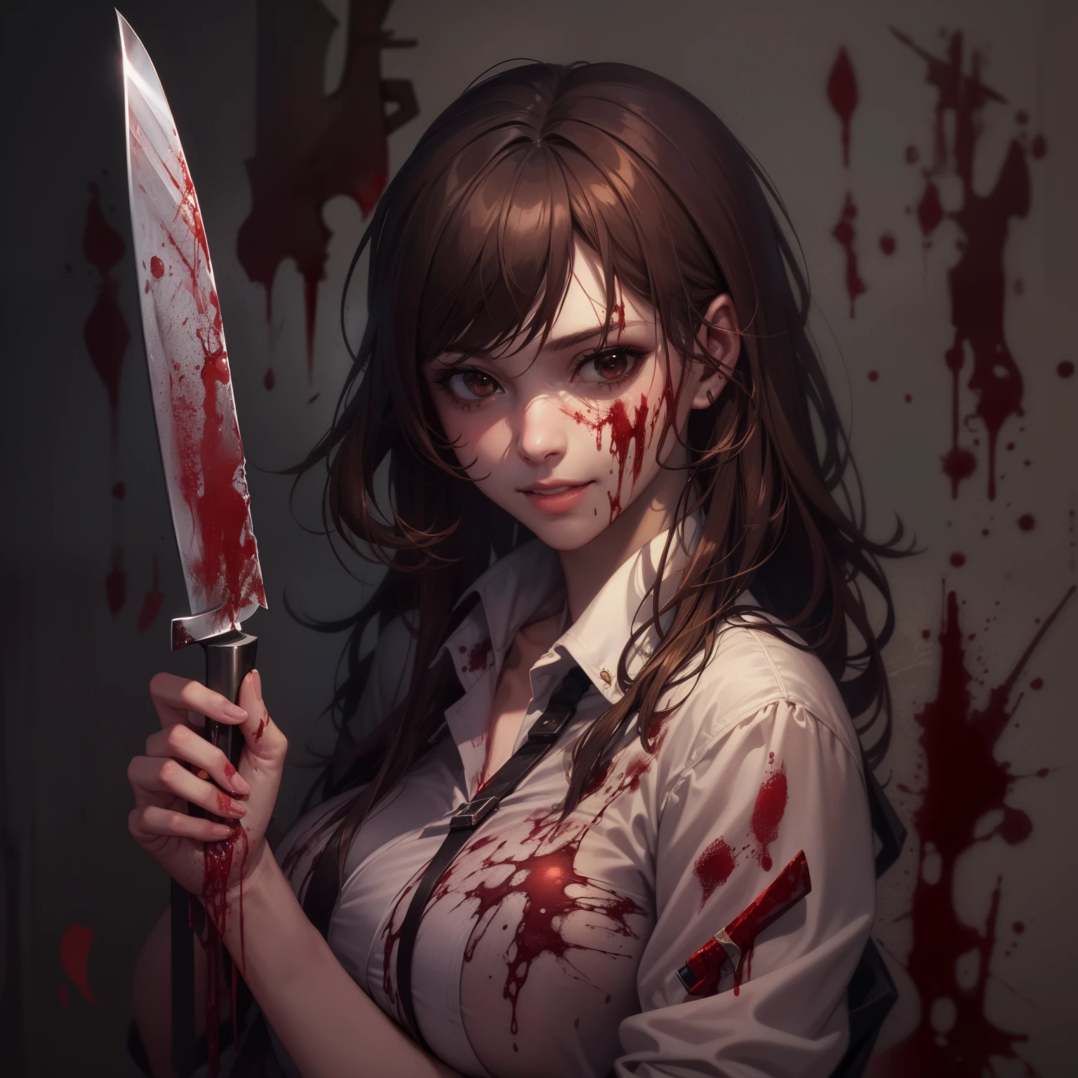 Unpleasant smile of a girl who loves knives 、Niccoli holding a knife in one hand、Psychopath horror, brown hair, big lips, blood on face, ((holding knife)), juicy lips, big boobs, holding knife by the handle