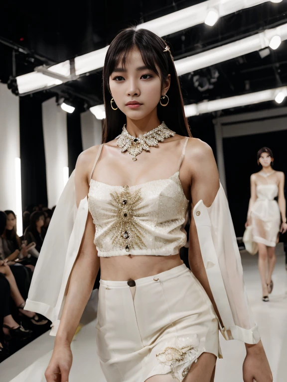 (8k, highest quality, ultra detailed:1.37), (Hana), 18yo, (a South Korean fashion model), struts confidently on the runway during a prestigious fashion week event. Dressed in a stunning designer ensemble, Hana's elegance and poise captivate the audience. The high-resolution image captures ultra-detailed realism, highlighting Hana's captivating eyes, flawless complexion, and fashionable hairstyle. The glamorous runway and stylish set design add to the visual appeal, creating a visually stunning representation of Hana's success in the fashion industry.