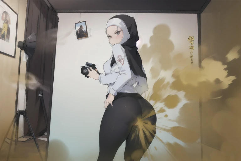 ((hijab girl))),wear hijab, women stand,her butt facing screen,ellow smoke,Attacked by farts, Attack with farts,)),(attacks the male patient with farts)),((wearing shirt with skirt and legging and hijab)),velocity,, (((Yellow smoke is rising ))),((Hip Attack)),((fart while during photoshoit),((Facing this way))),masterpiece:1.2、top-quality)、(the Extremely Detailed CG Unity 8K Wallpapers、ultra-detailliert、Best Shadows)、(细致背景)、(The best lighting、extremely delicate and beautiful)、depth of fields,((Girl fart)),(big fart),(((((There is a male photografer and a female model.......))))),(((Female model attacks male photografer in the face with a hip attack..))),(((high-handed female model)),(((A male photografer who endurance pain))),()),(,((fart text)),(THE TEXT:BBRRPPHHH)),((photoshoot room))