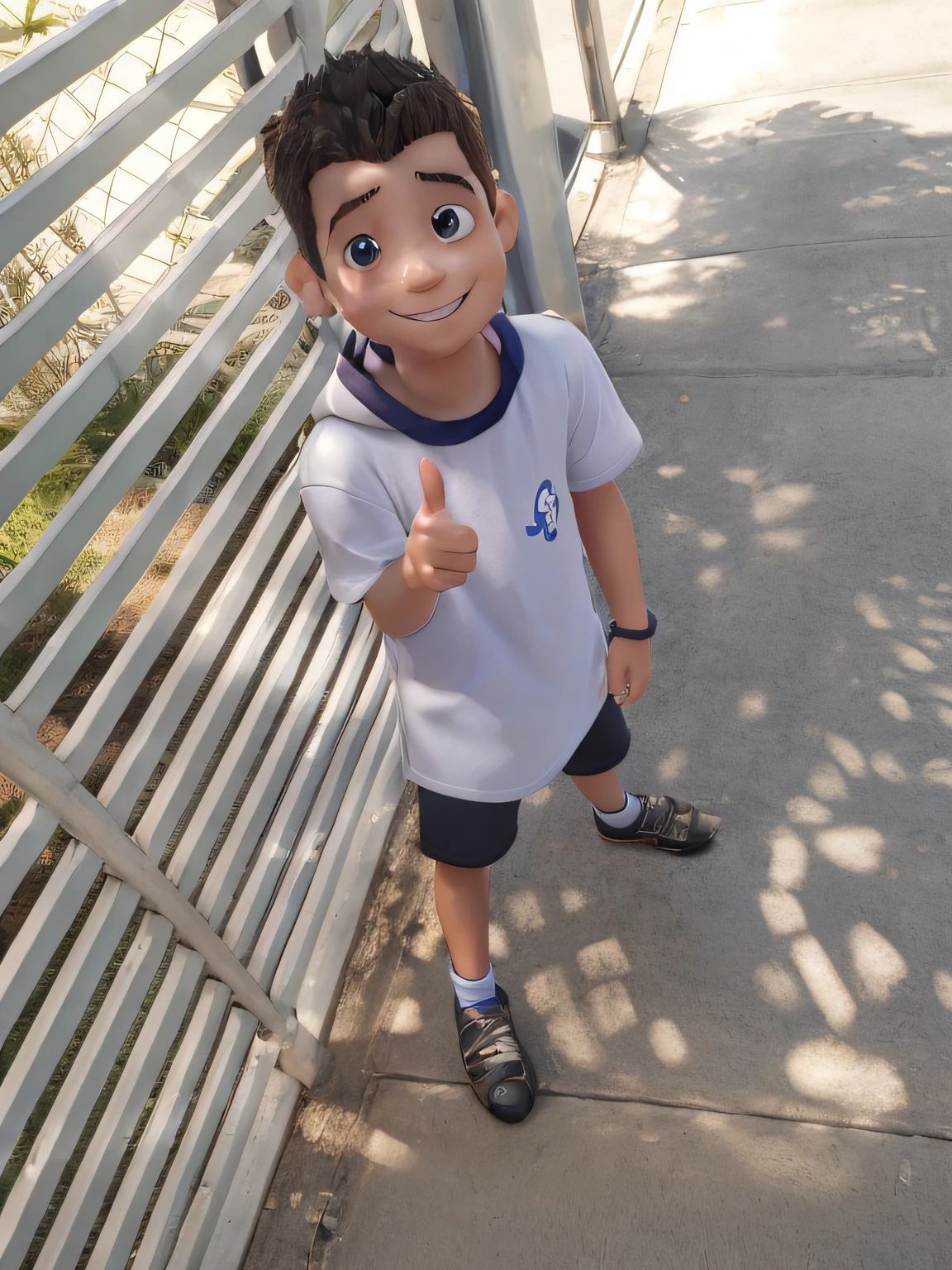 smart boy standing on the sidewalk with his thumb up in front of the fence, 4 anos de idade, quatro anos, garoto chamado dedo, giving the middle finger, giving a thumbs up to the camera, waving at the camera, sinal de paz, dando os polegares para cima, 2 anos, acenando e sorrindo, happily smiling at the camera, 5 anos, smiling at camera, estilo Pixar 3D