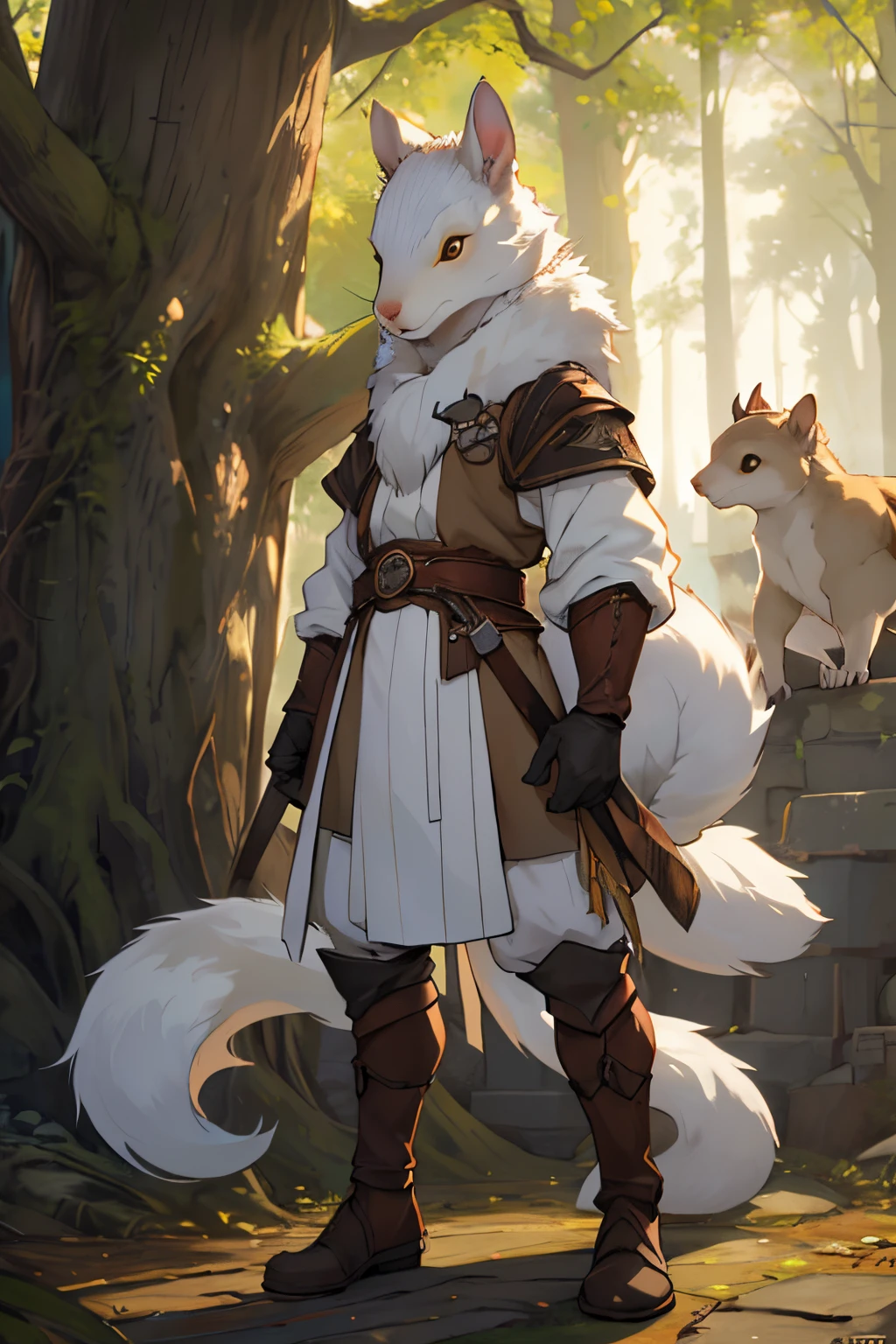 White squirrel, werewolf squirrel, white skin, all covered with wool, Medieval times, Squirrel, squirrel on two legs, squirrel covered only with fur and without clothes, small rodent, wild squirrel, one squirrel, in full height.