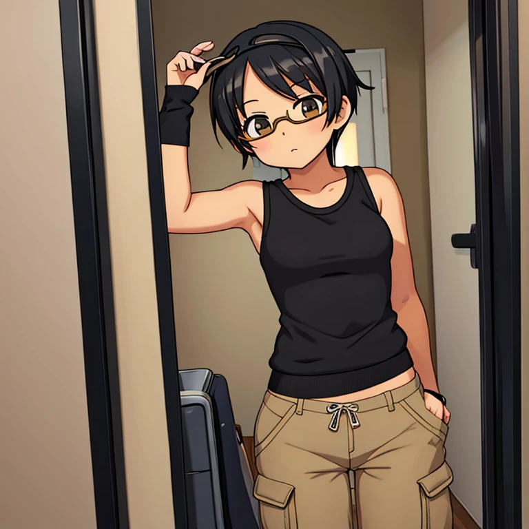 Anime girl black hair sleeveless grey sweater short hair goggles tan pants brown eyes