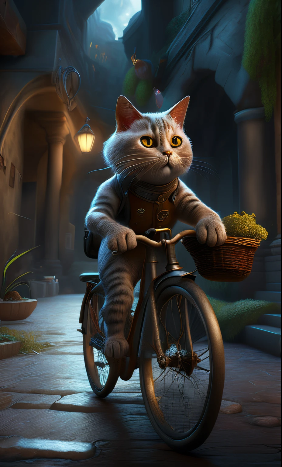 a cat rides a bicycle with a basket of fruit on its back, Cat rides a bicycle, Micheal Cheval (Unreal engine, 3 d epic illustrations, stunning digital illustration, anthro cat, alexey egorov, by Alexander Kucharsky, adorable digital painting, anthro cat, realistic fantasy illustration, steampunk cat