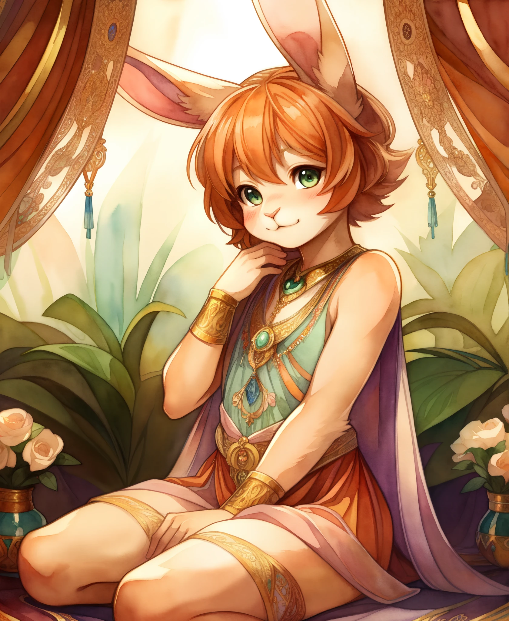 (masterpiece, best quality, highly detailed, ultra-detailed, intricate), illustration, pastel colors, art_nouveau, Art Nouveau by Alphonse Mucha, tarot, (anthro, furry, kemono), rabbit, rabbit boy, rabbit tail, rabbit face, (beautiful detailed eyes), orange hair, (fluffy hair,short hair, bangs, messy hair), green eyes, orange clothes, harem outfit, peach fur, anime style, kawaii,watercolor,Solid background,cute boy,femboy,shy,blush,