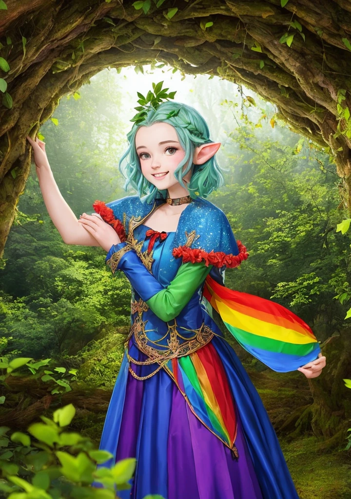 Jeune elfe sylvestre avec des cheveux verts feuilles, vêtue de tenues légères et équipée d'un arc en bois enchanté